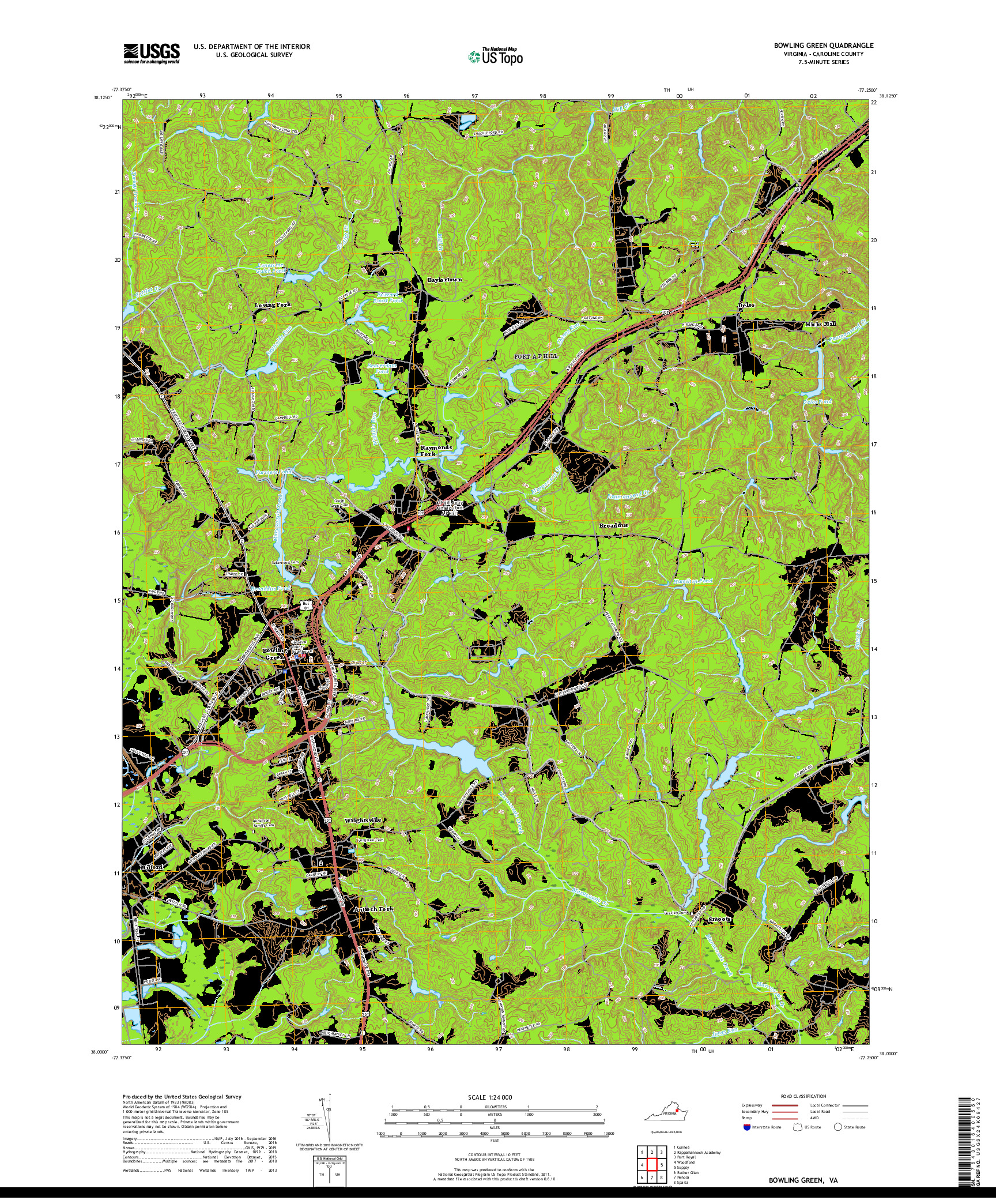 USGS US TOPO 7.5-MINUTE MAP FOR BOWLING GREEN, VA 2019