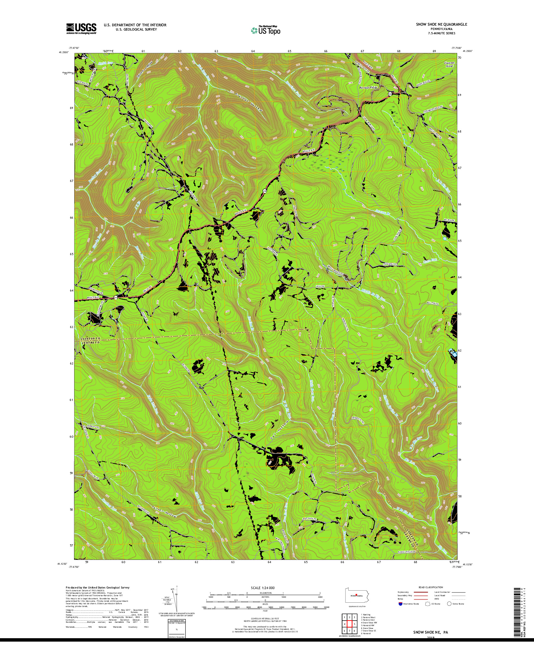 USGS US TOPO 7.5-MINUTE MAP FOR SNOW SHOE NE, PA 2019