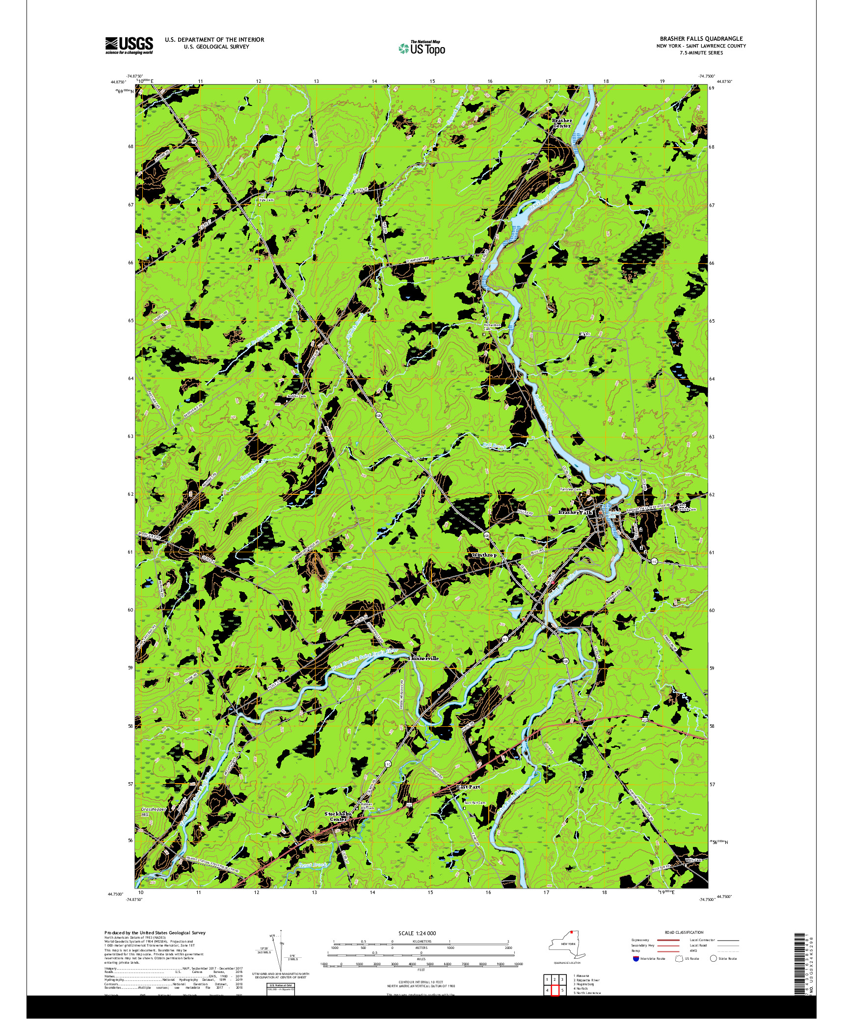 USGS US TOPO 7.5-MINUTE MAP FOR BRASHER FALLS, NY 2019