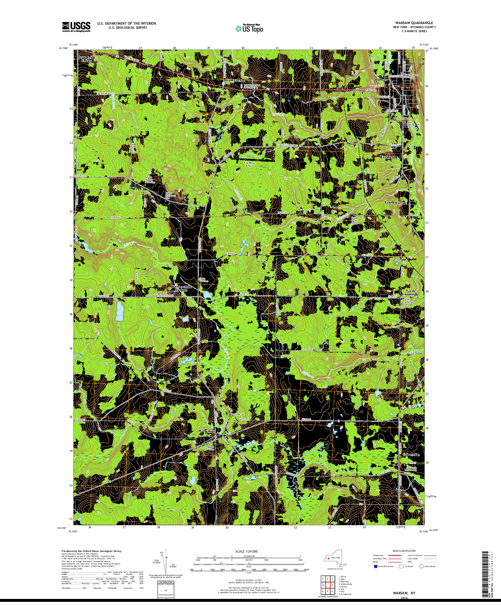 USGS US TOPO 7.5-MINUTE MAP FOR WARSAW, NY 2019