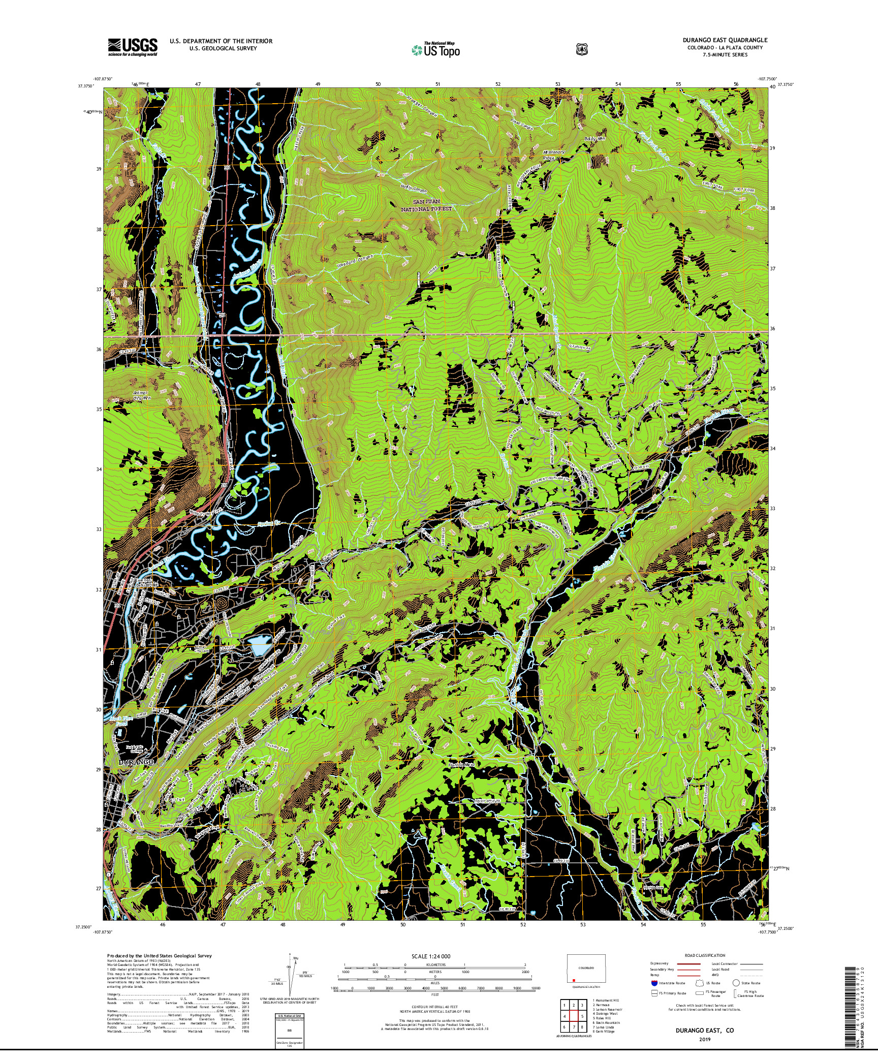 USGS US TOPO 7.5-MINUTE MAP FOR DURANGO EAST, CO 2019