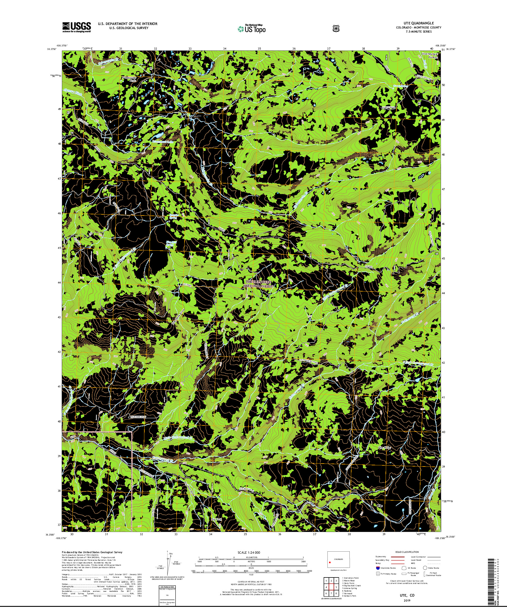 USGS US TOPO 7.5-MINUTE MAP FOR UTE, CO 2019