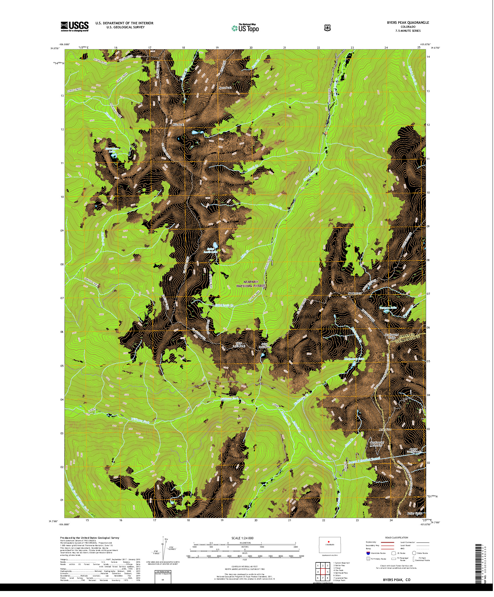 USGS US TOPO 7.5-MINUTE MAP FOR BYERS PEAK, CO 2019