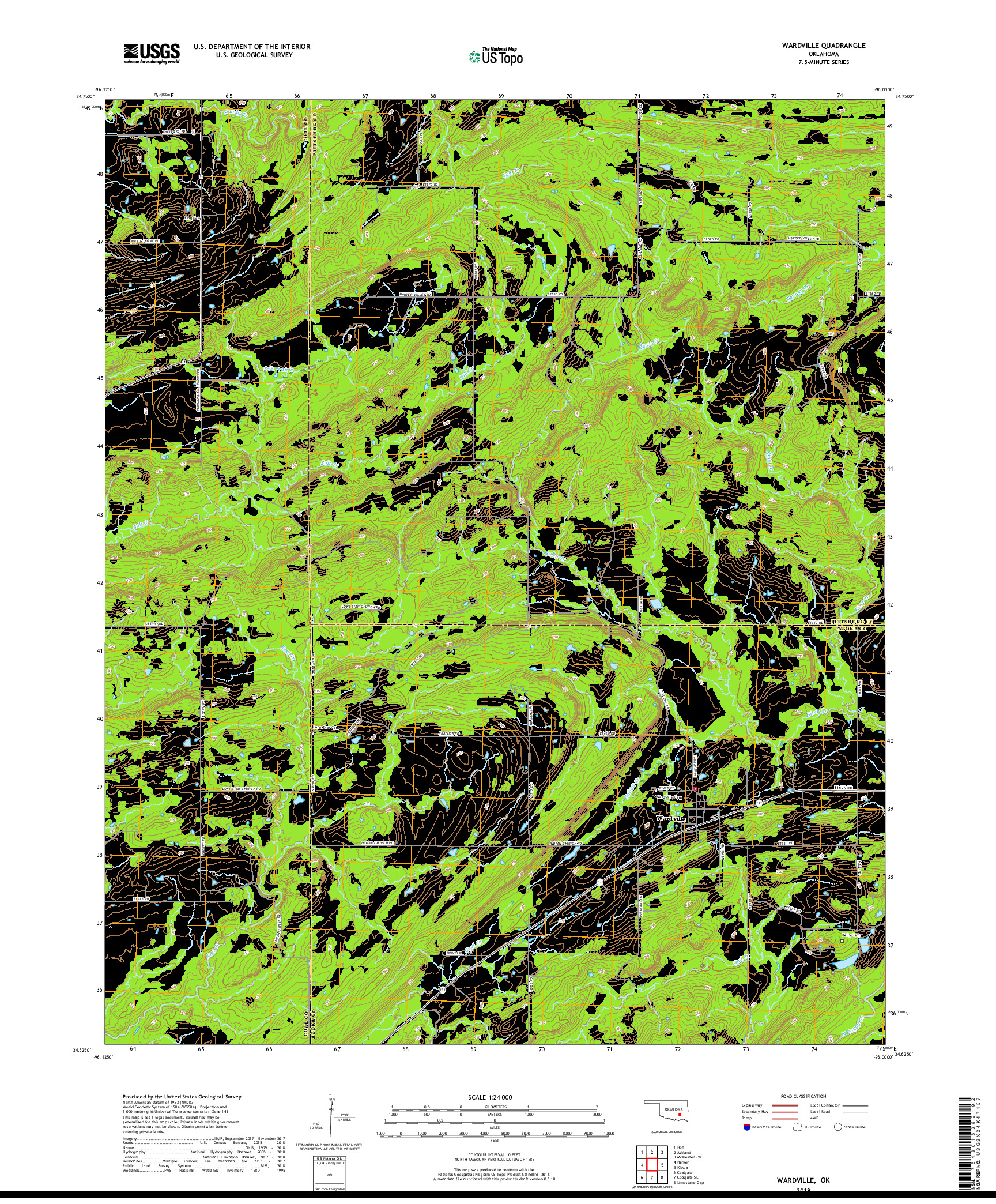 USGS US TOPO 7.5-MINUTE MAP FOR WARDVILLE, OK 2019