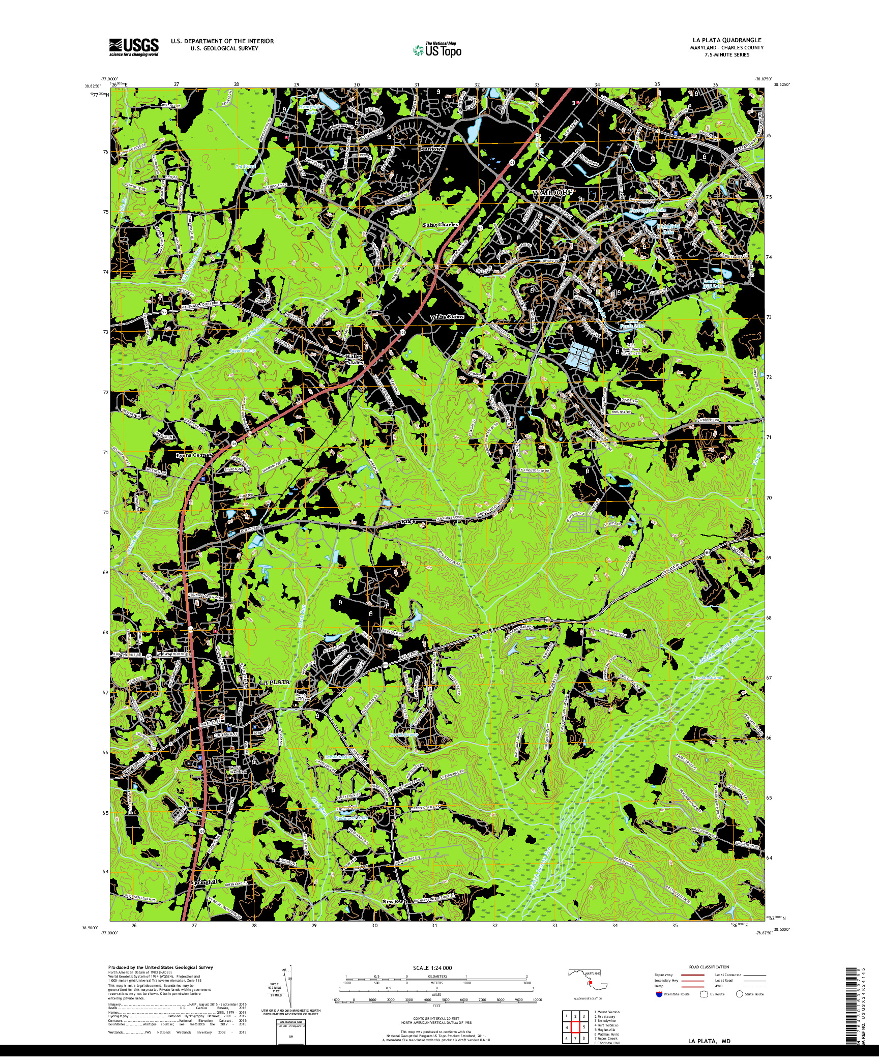 USGS US TOPO 7.5-MINUTE MAP FOR LA PLATA, MD 2019