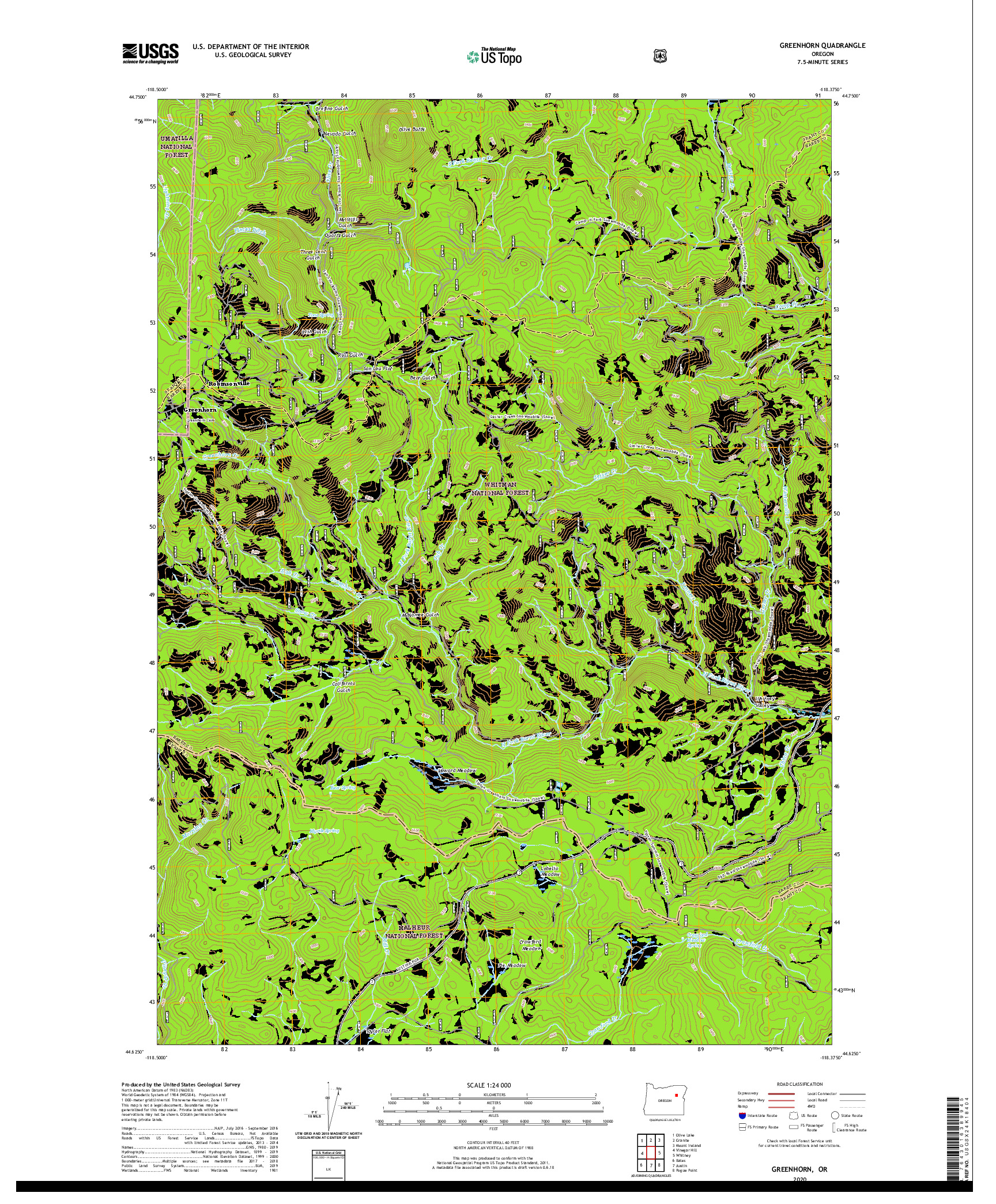 USGS US TOPO 7.5-MINUTE MAP FOR GREENHORN, OR 2020