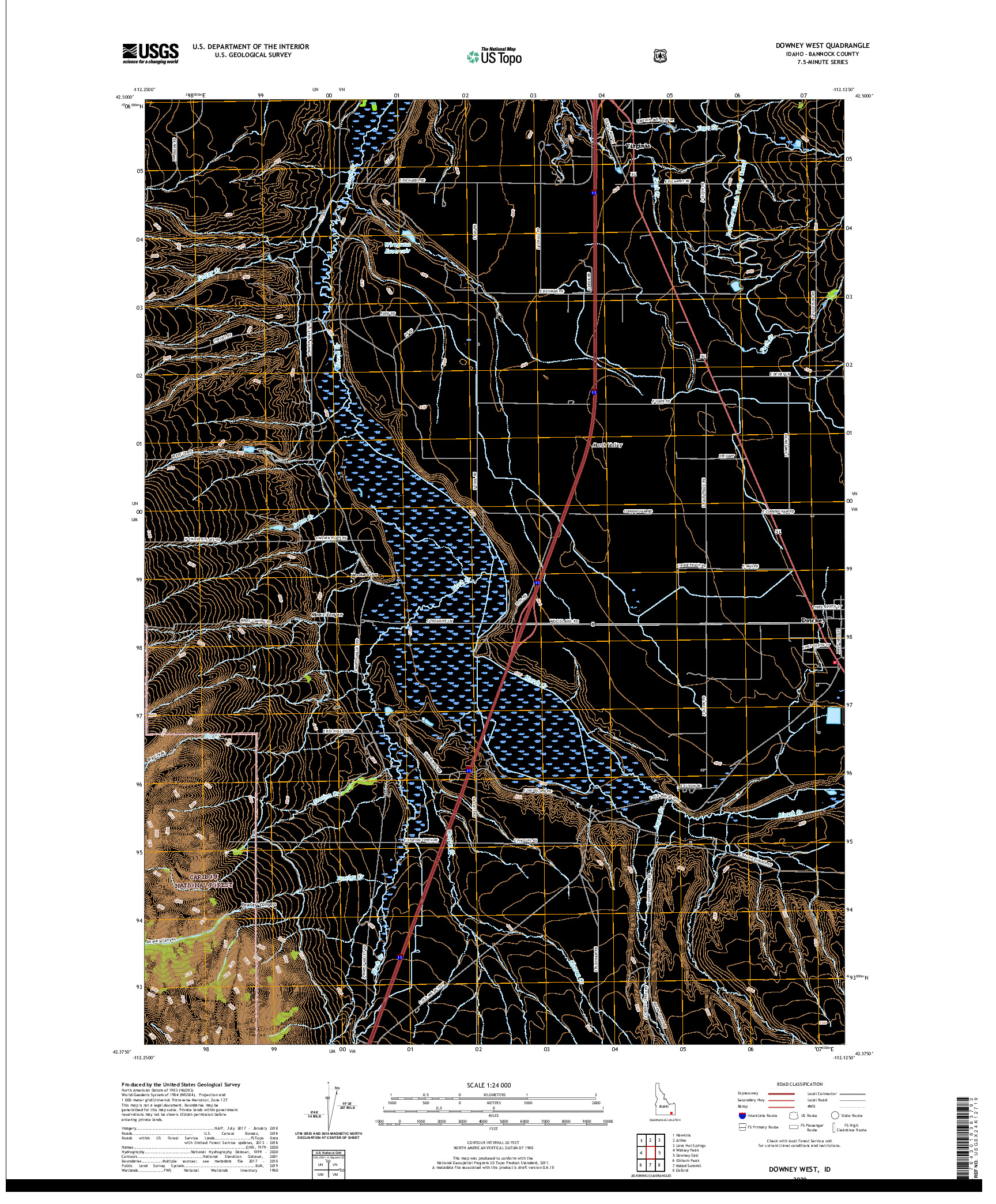 USGS US TOPO 7.5-MINUTE MAP FOR DOWNEY WEST, ID 2020