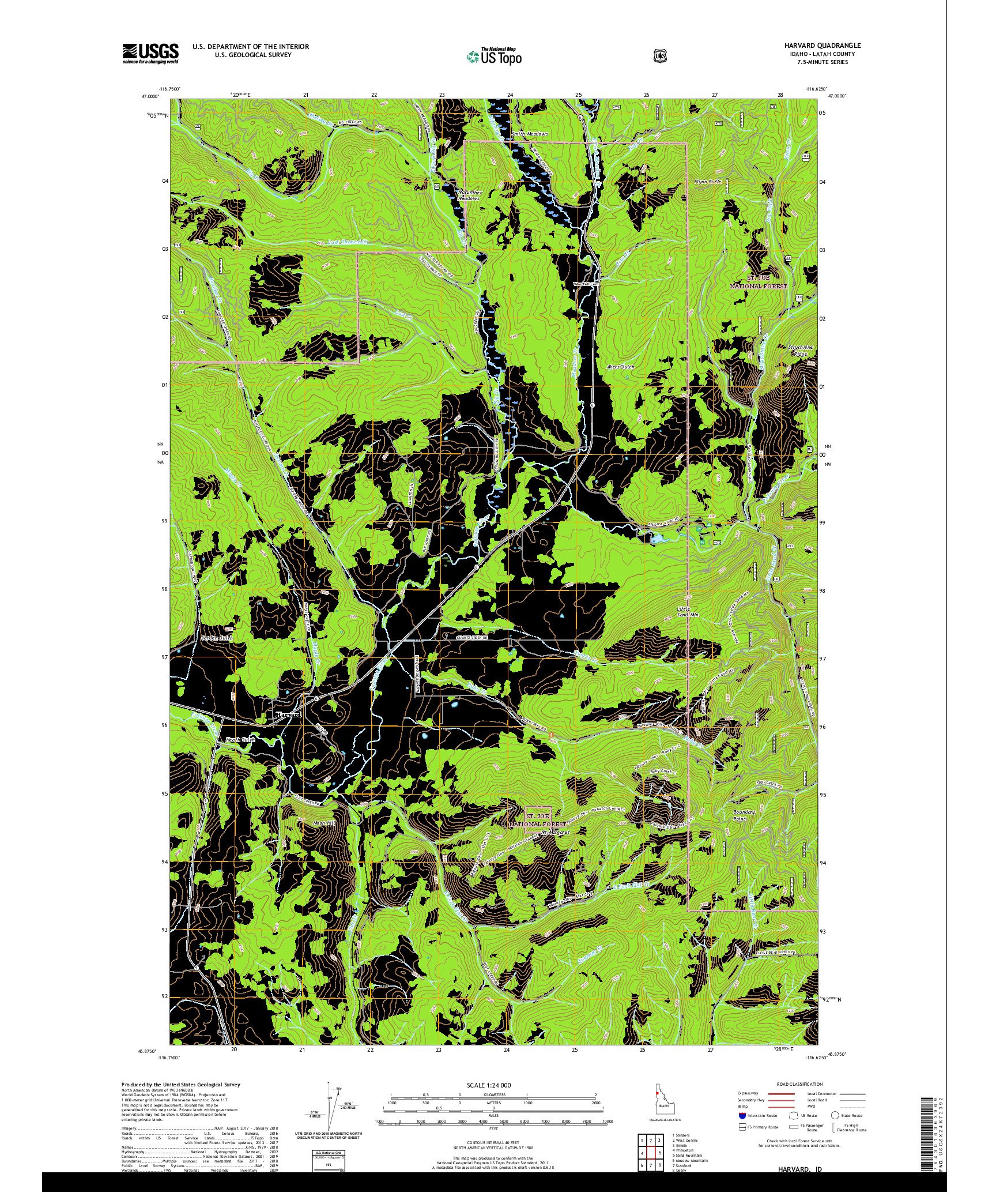 USGS US TOPO 7.5-MINUTE MAP FOR HARVARD, ID 2020