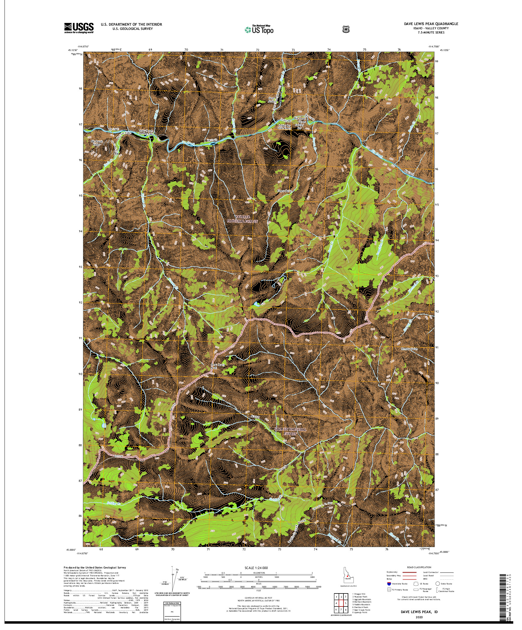 USGS US TOPO 7.5-MINUTE MAP FOR DAVE LEWIS PEAK, ID 2020