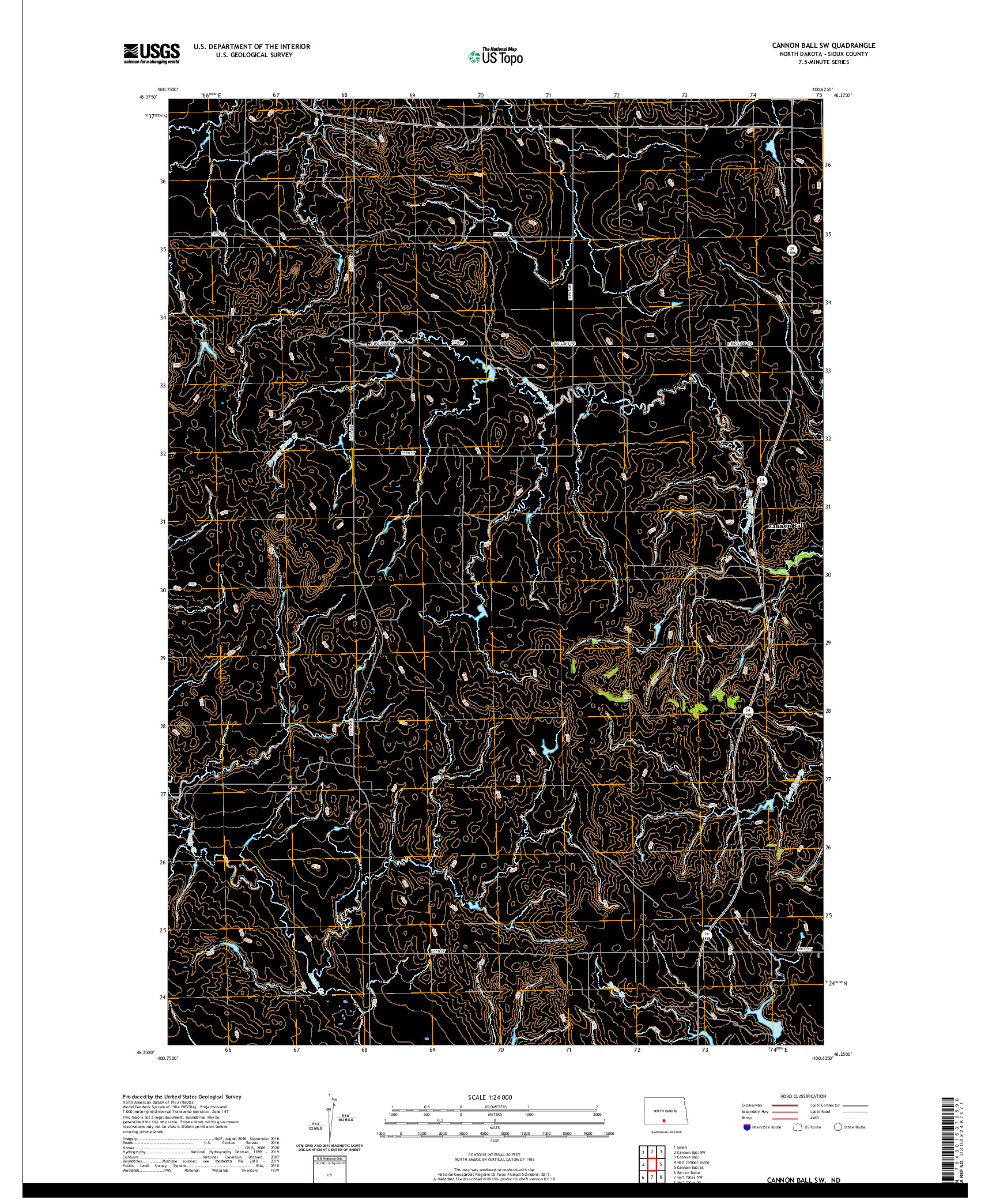 USGS US TOPO 7.5-MINUTE MAP FOR CANNON BALL SW, ND 2020