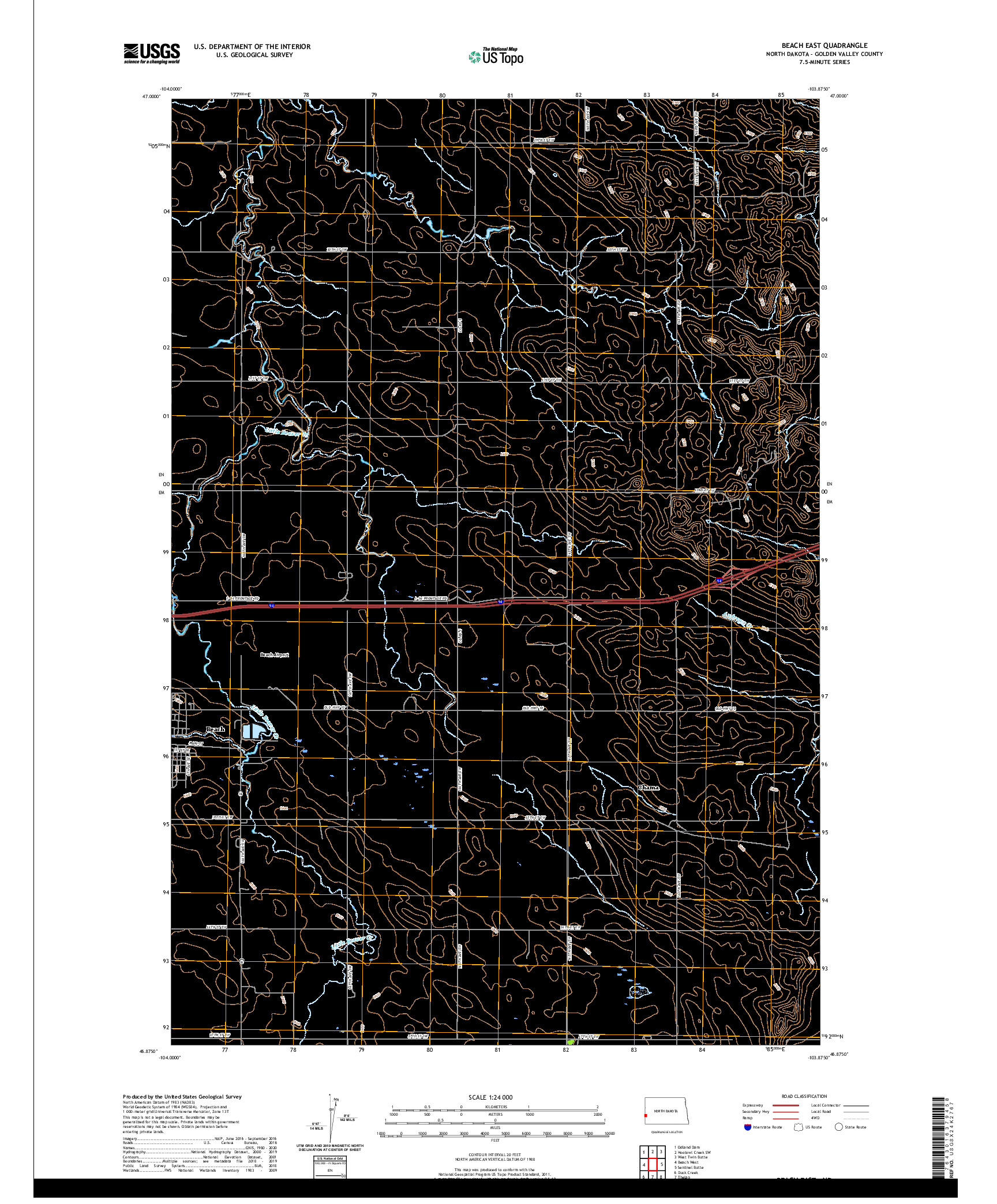 USGS US TOPO 7.5-MINUTE MAP FOR BEACH EAST, ND 2020