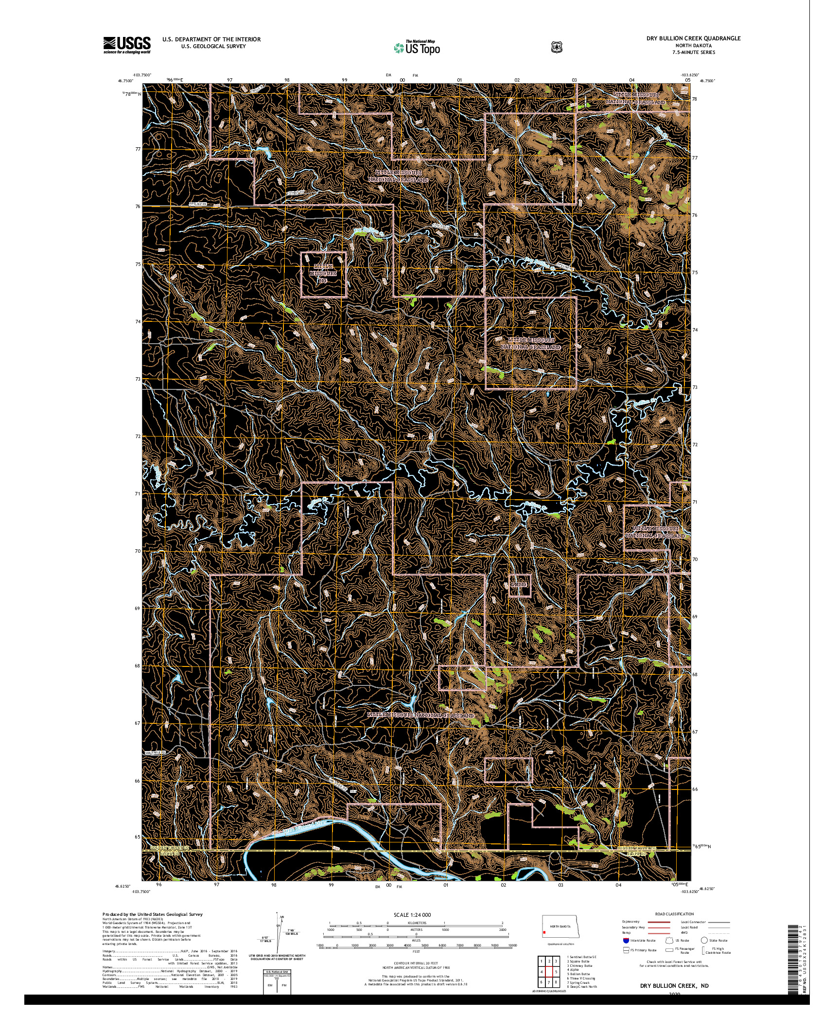 USGS US TOPO 7.5-MINUTE MAP FOR DRY BULLION CREEK, ND 2020