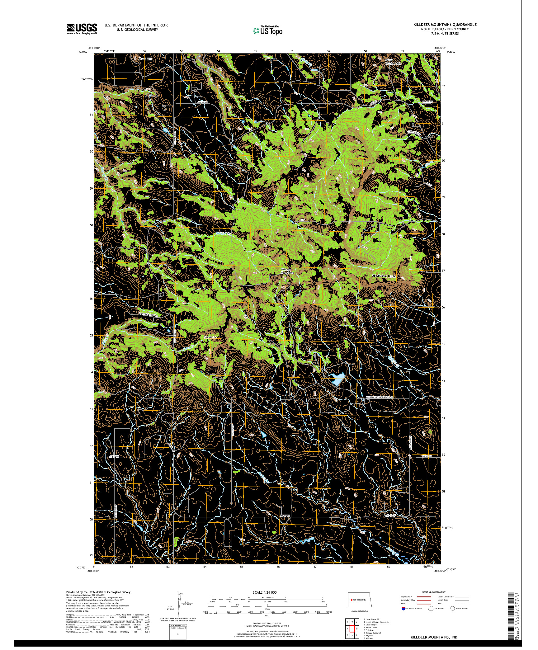 USGS US TOPO 7.5-MINUTE MAP FOR KILLDEER MOUNTAINS, ND 2020