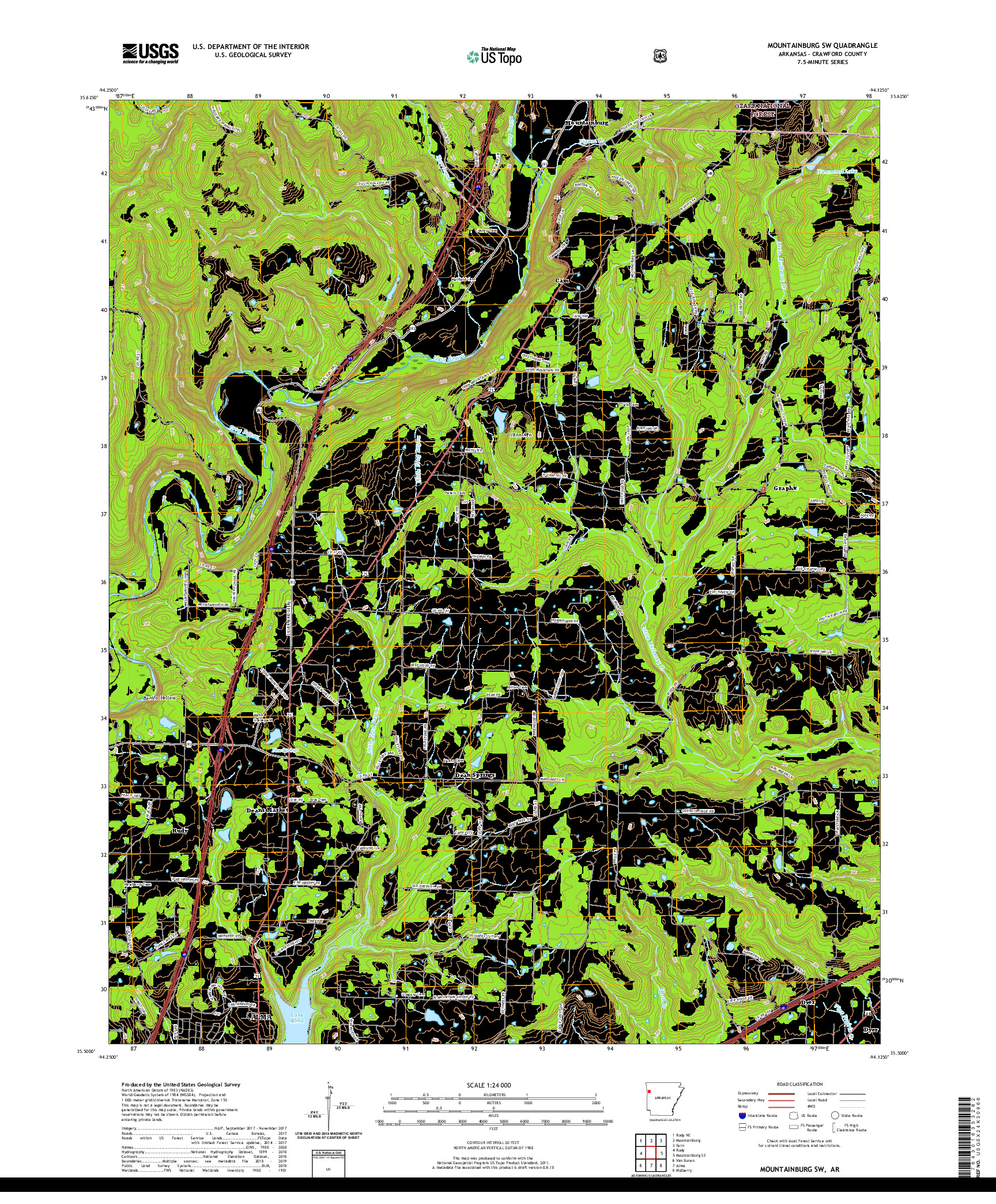 USGS US TOPO 7.5-MINUTE MAP FOR MOUNTAINBURG SW, AR 2020