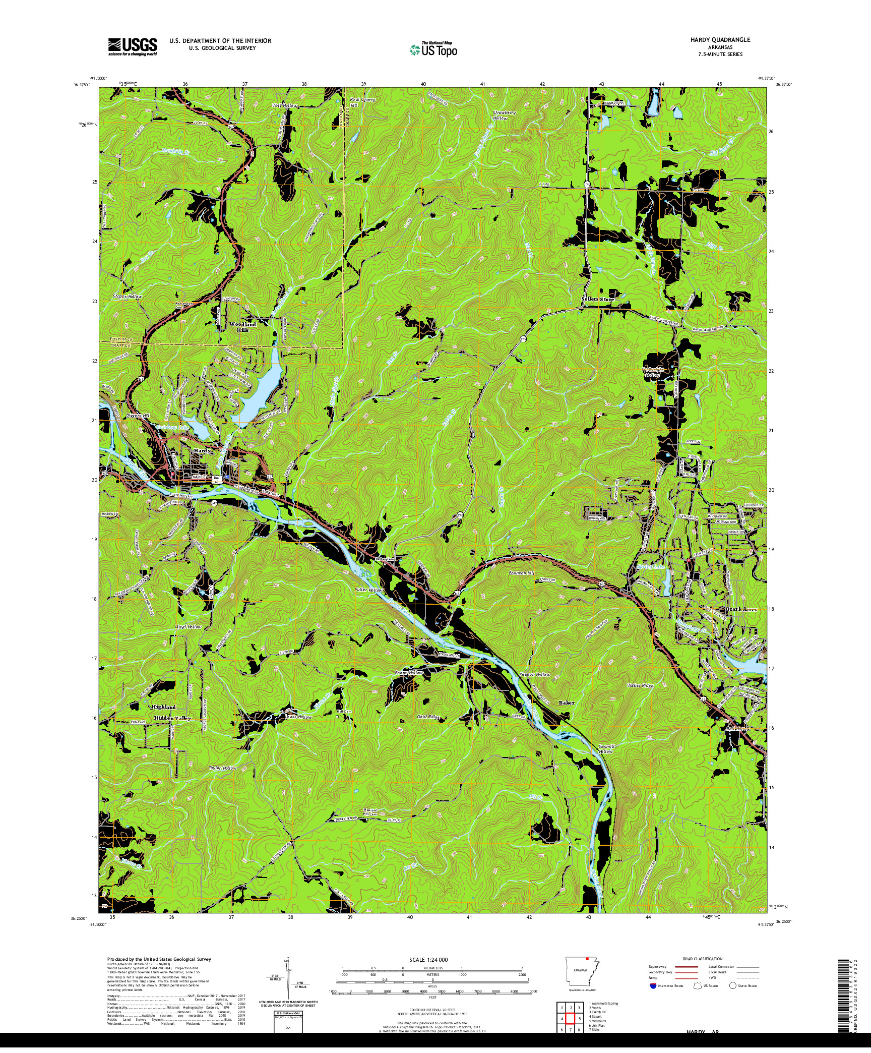 USGS US TOPO 7.5-MINUTE MAP FOR HARDY, AR 2020