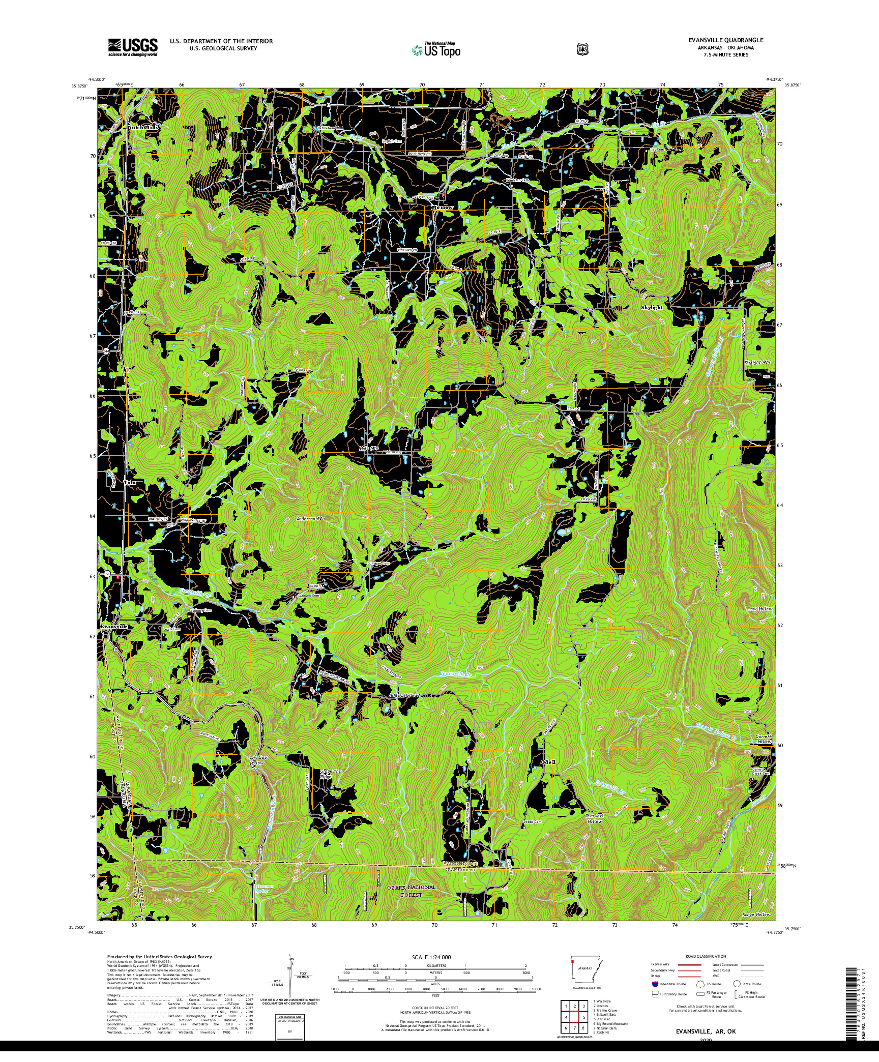 USGS US TOPO 7.5-MINUTE MAP FOR EVANSVILLE, AR,OK 2020