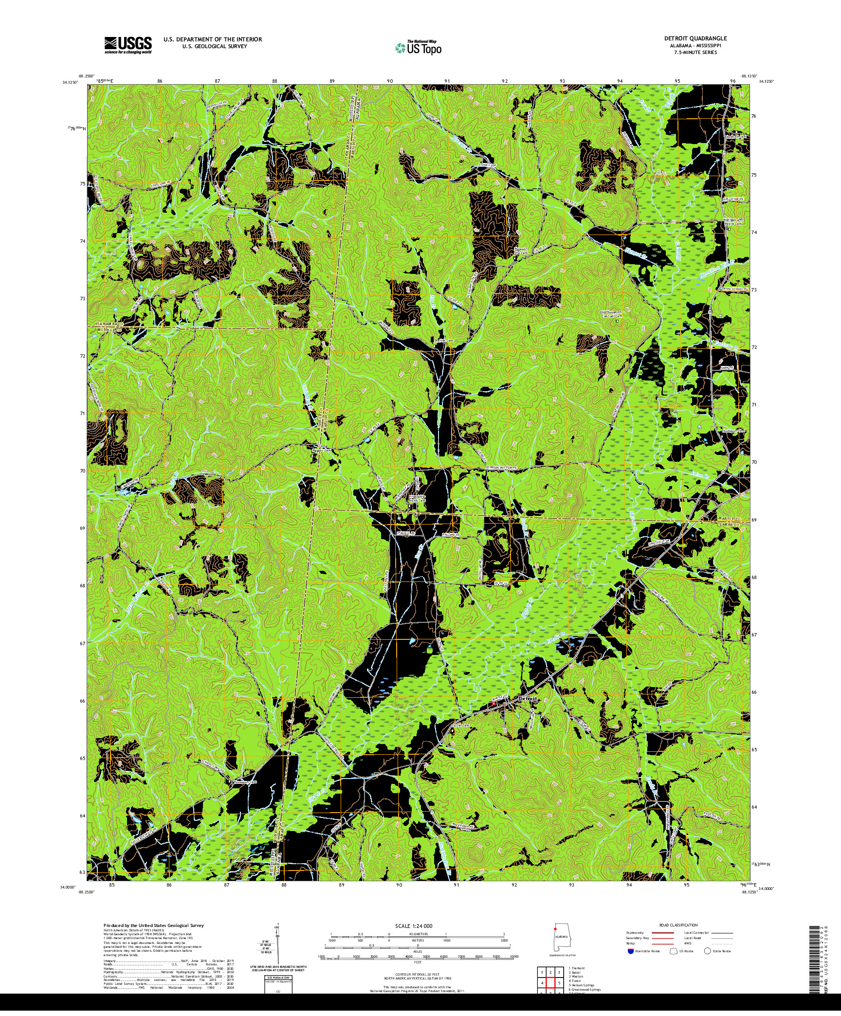 USGS US TOPO 7.5-MINUTE MAP FOR DETROIT, AL,MS 2020