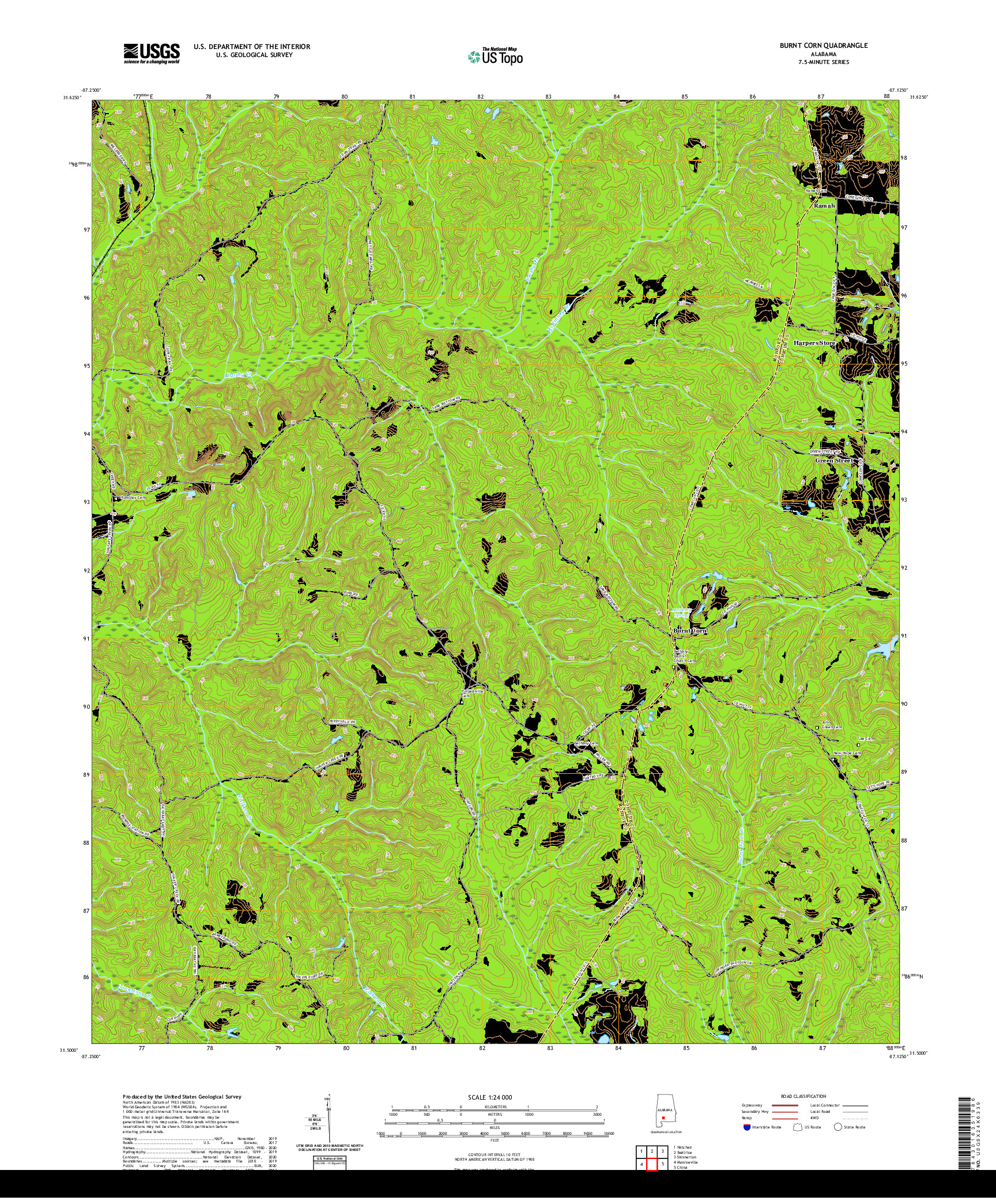 USGS US TOPO 7.5-MINUTE MAP FOR BURNT CORN, AL 2020