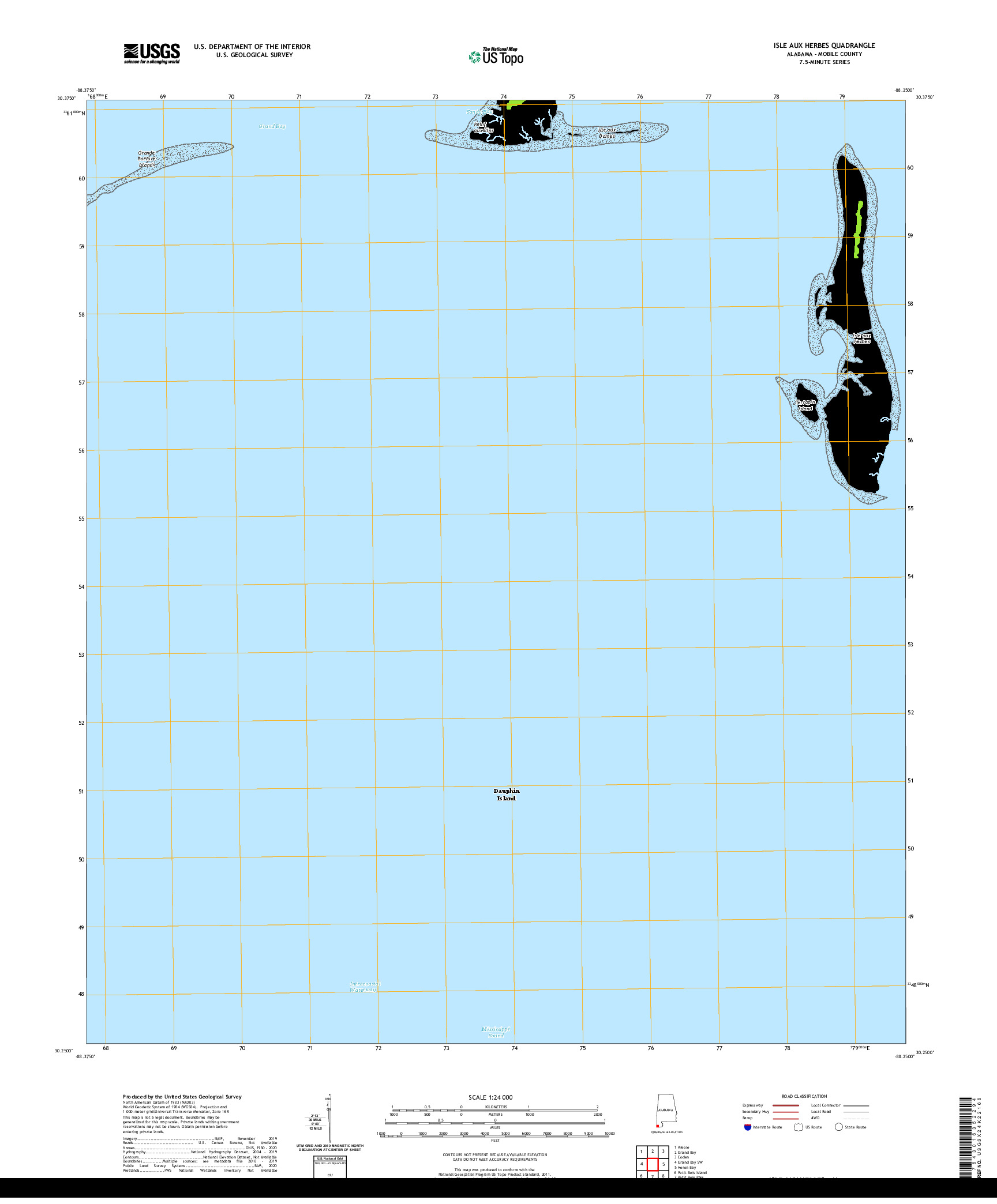 USGS US TOPO 7.5-MINUTE MAP FOR ISLE AUX HERBES, AL 2020