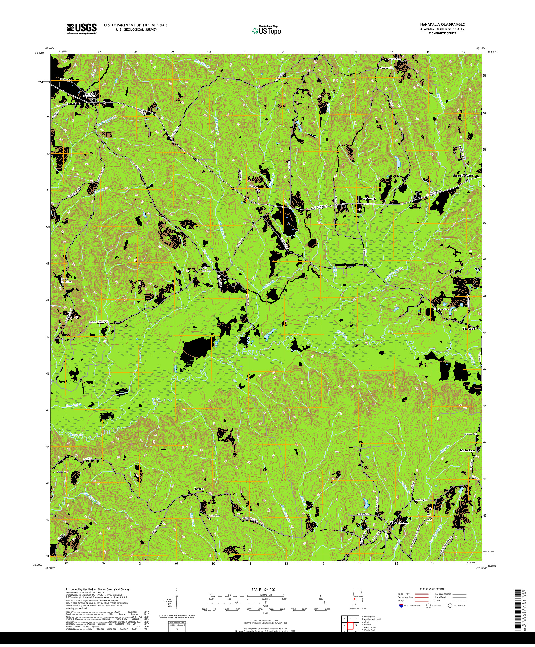 USGS US TOPO 7.5-MINUTE MAP FOR NANAFALIA, AL 2020