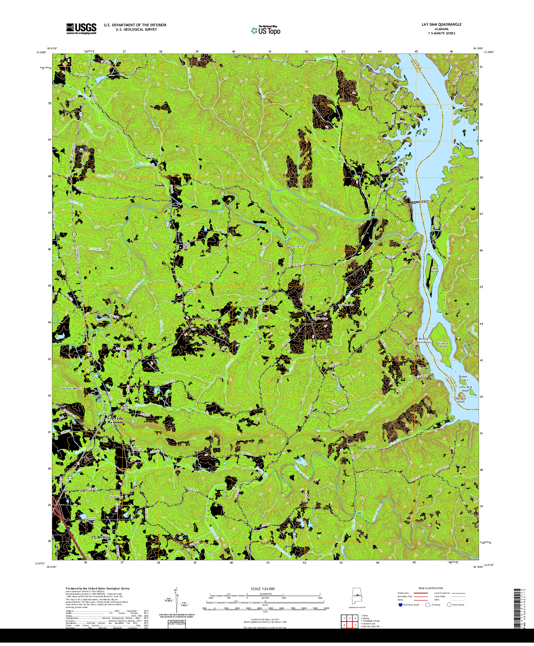 USGS US TOPO 7.5-MINUTE MAP FOR LAY DAM, AL 2020