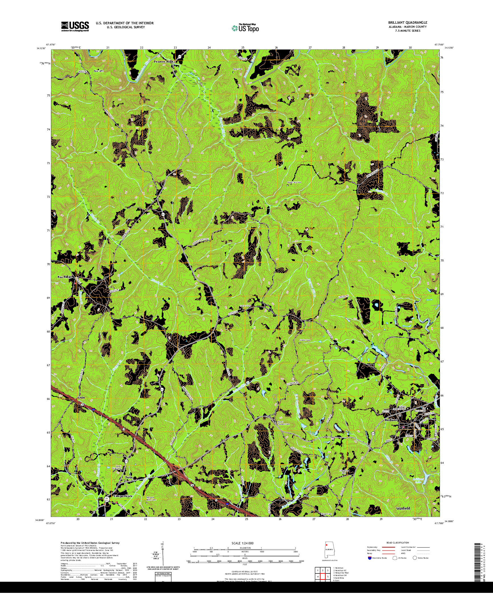 USGS US TOPO 7.5-MINUTE MAP FOR BRILLIANT, AL 2020