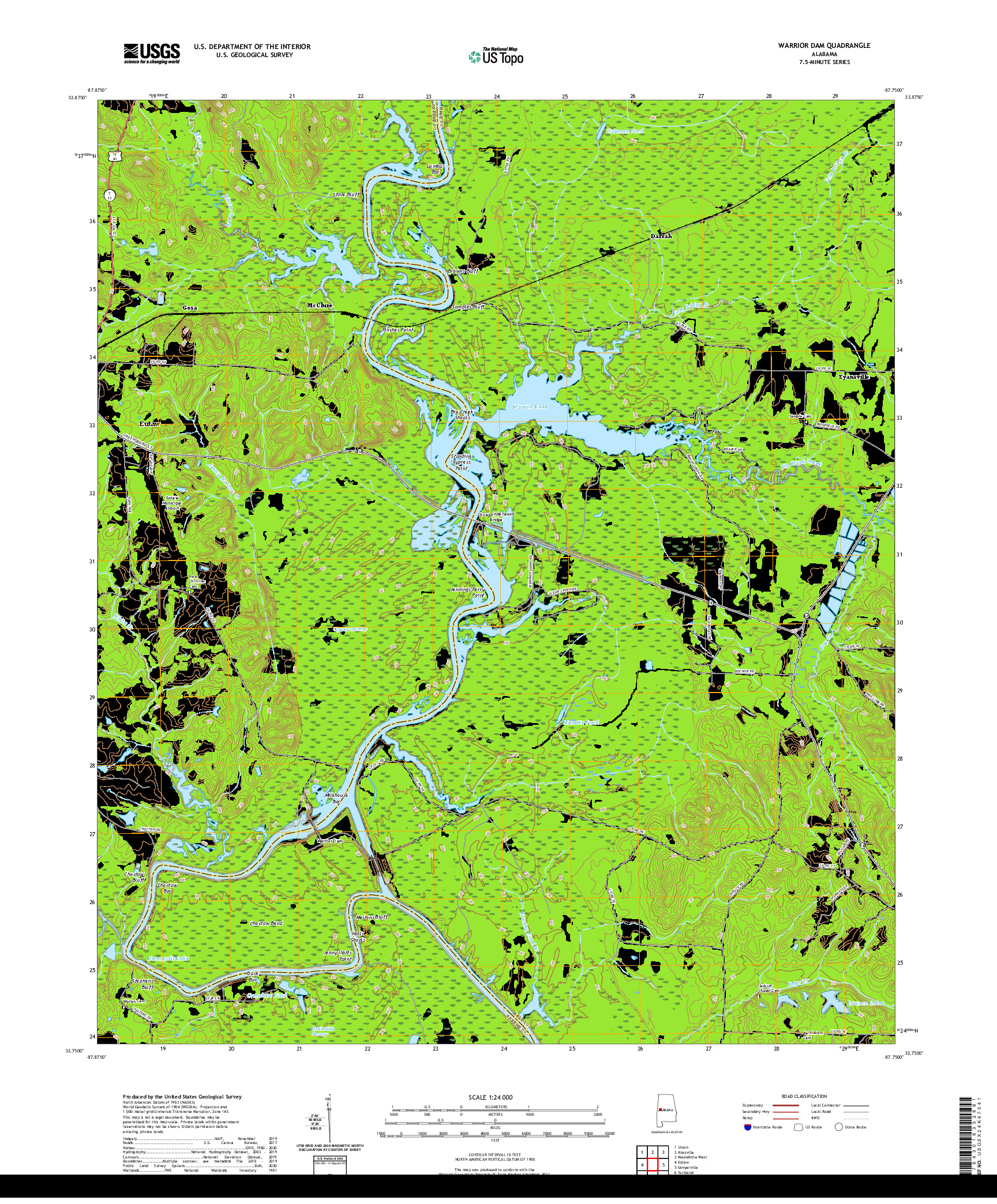 USGS US TOPO 7.5-MINUTE MAP FOR WARRIOR DAM, AL 2020