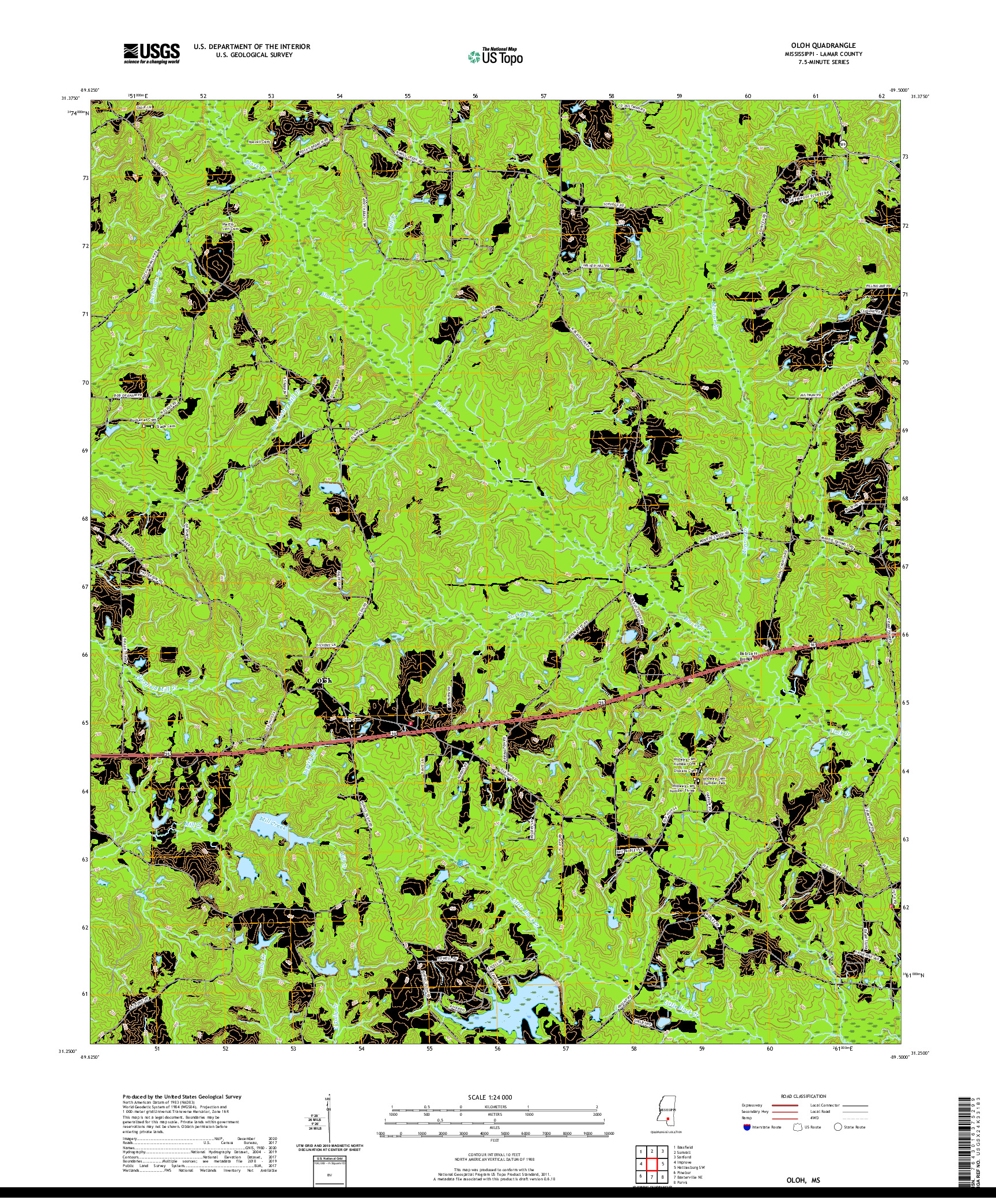 USGS US TOPO 7.5-MINUTE MAP FOR OLOH, MS 2020