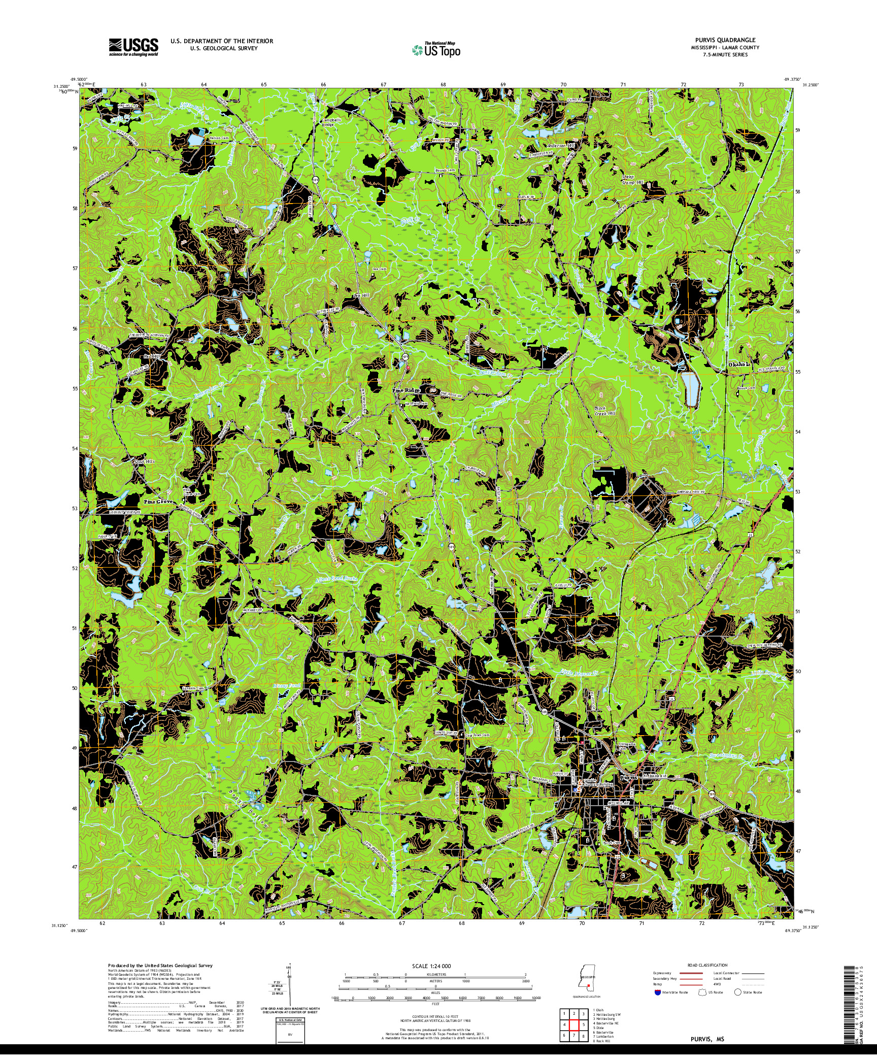 USGS US TOPO 7.5-MINUTE MAP FOR PURVIS, MS 2020