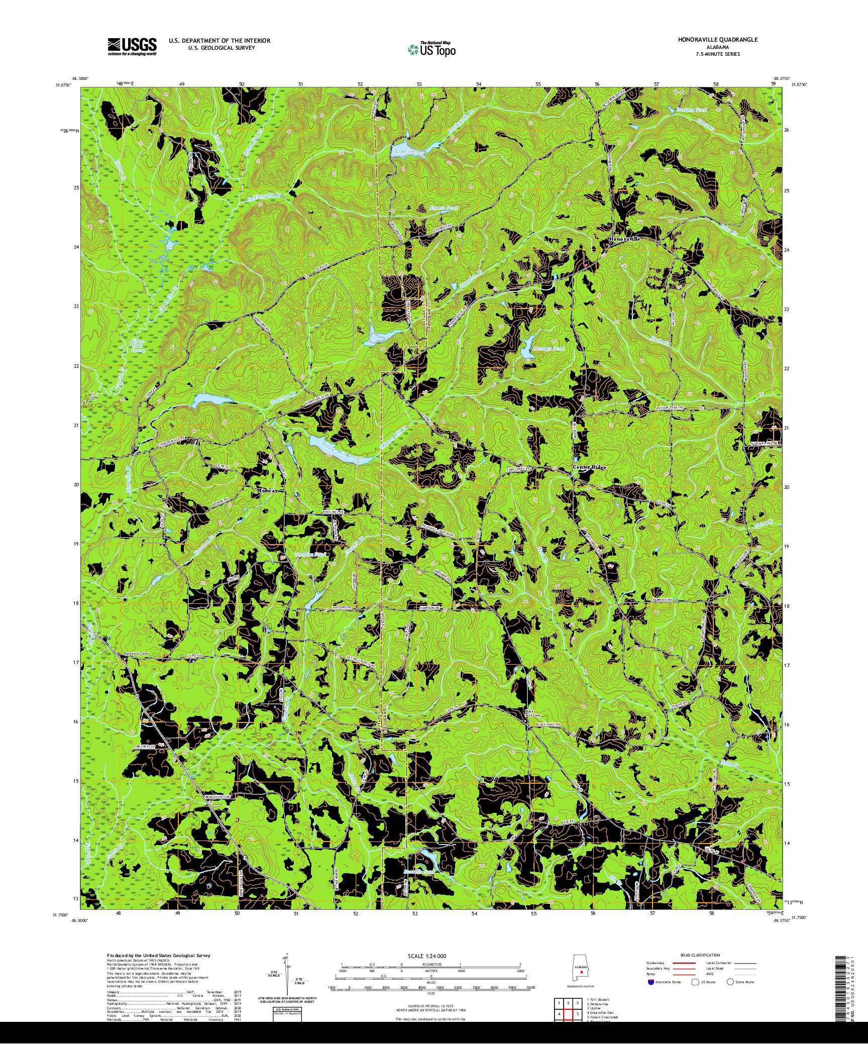 USGS US TOPO 7.5-MINUTE MAP FOR HONORAVILLE, AL 2020