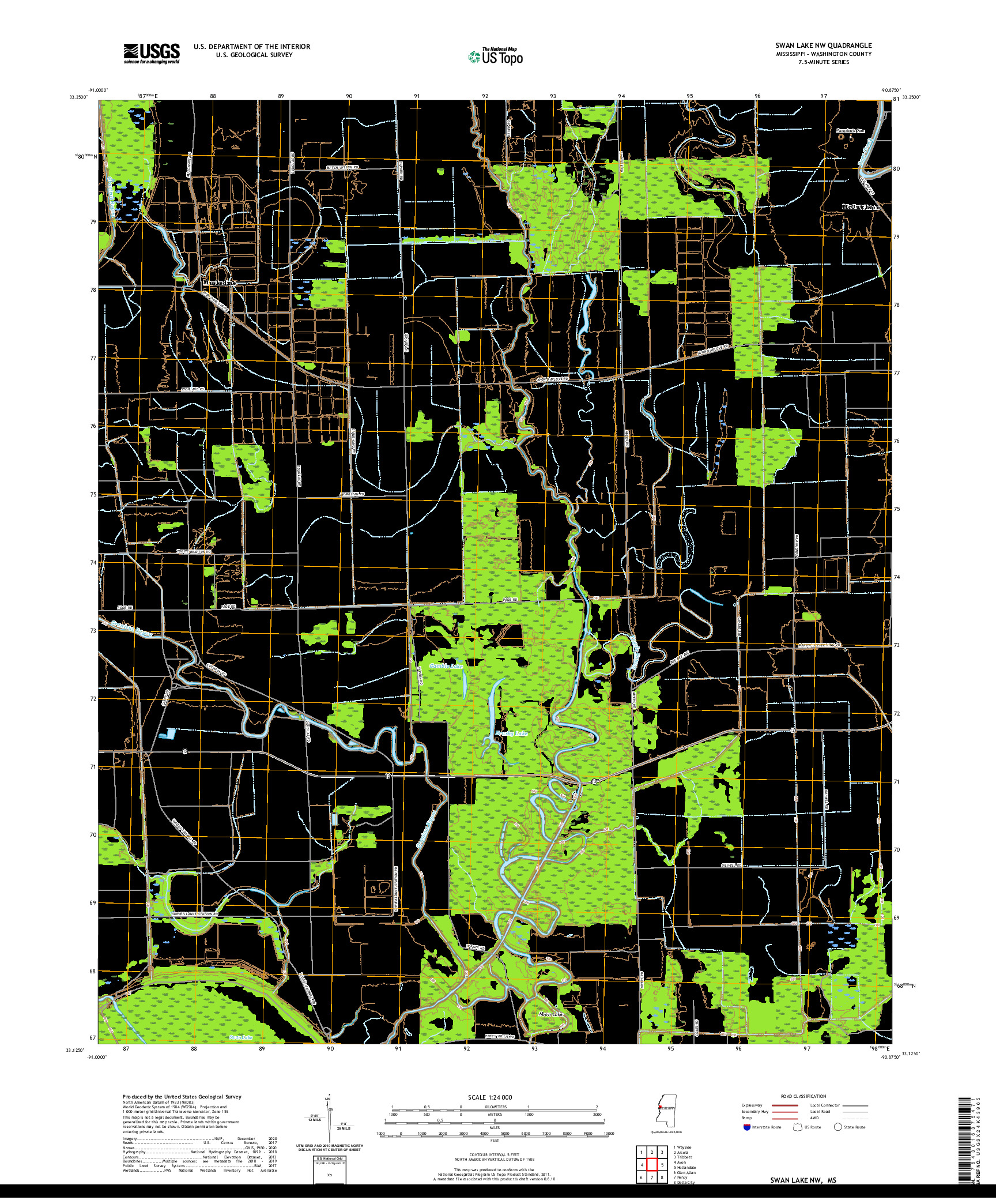 USGS US TOPO 7.5-MINUTE MAP FOR SWAN LAKE NW, MS 2020