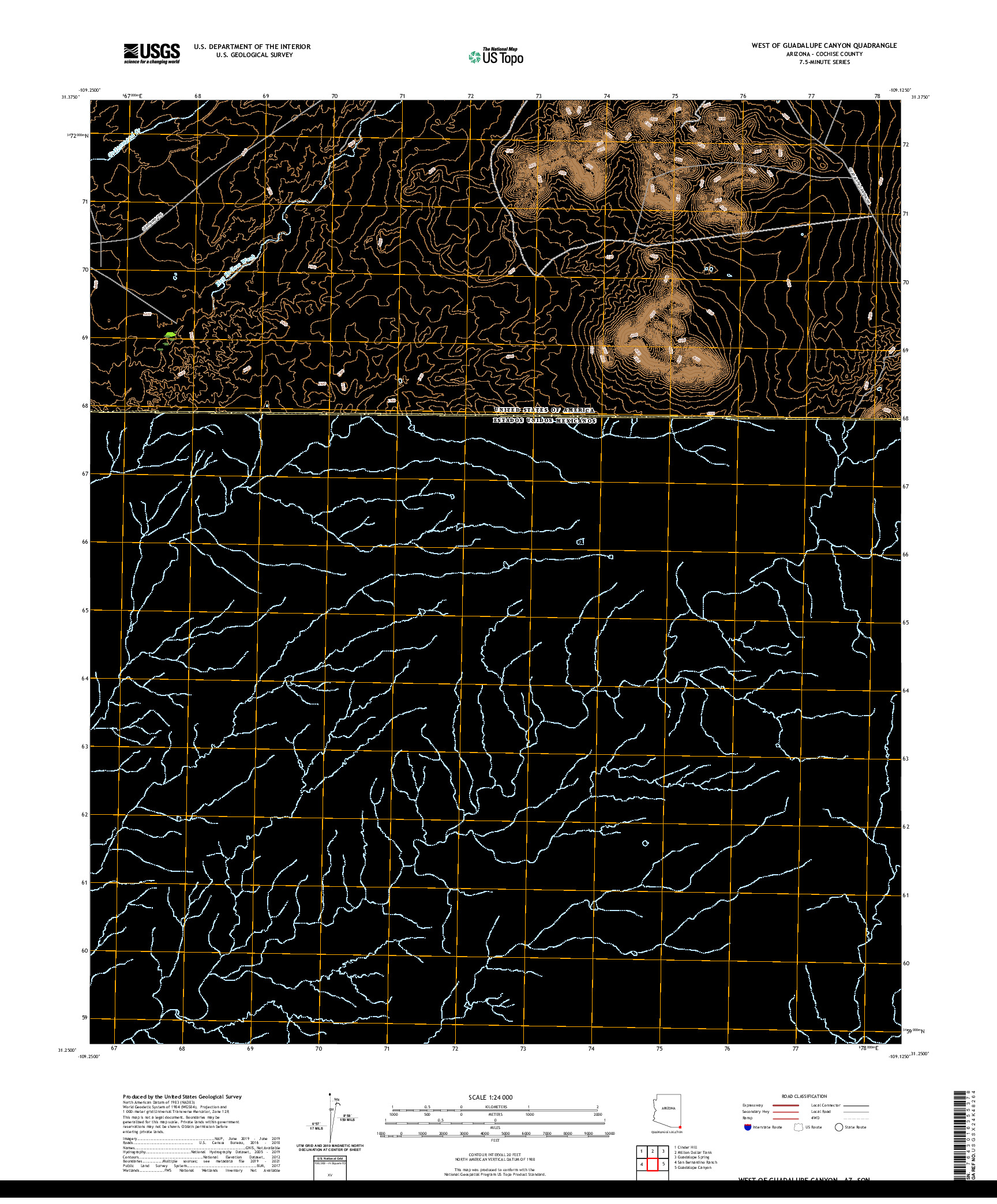 USGS US TOPO 7.5-MINUTE MAP FOR WEST OF GUADALUPE CANYON, AZ,SON 2021