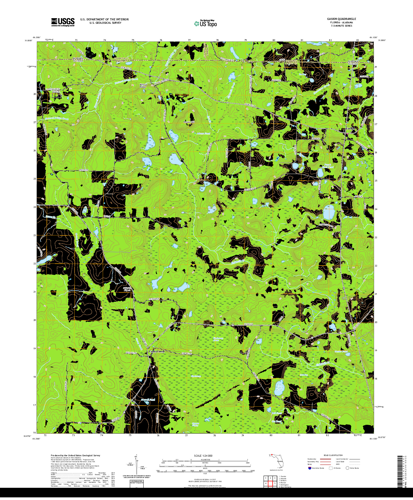 USGS US TOPO 7.5-MINUTE MAP FOR GASKIN, FL,AL 2021