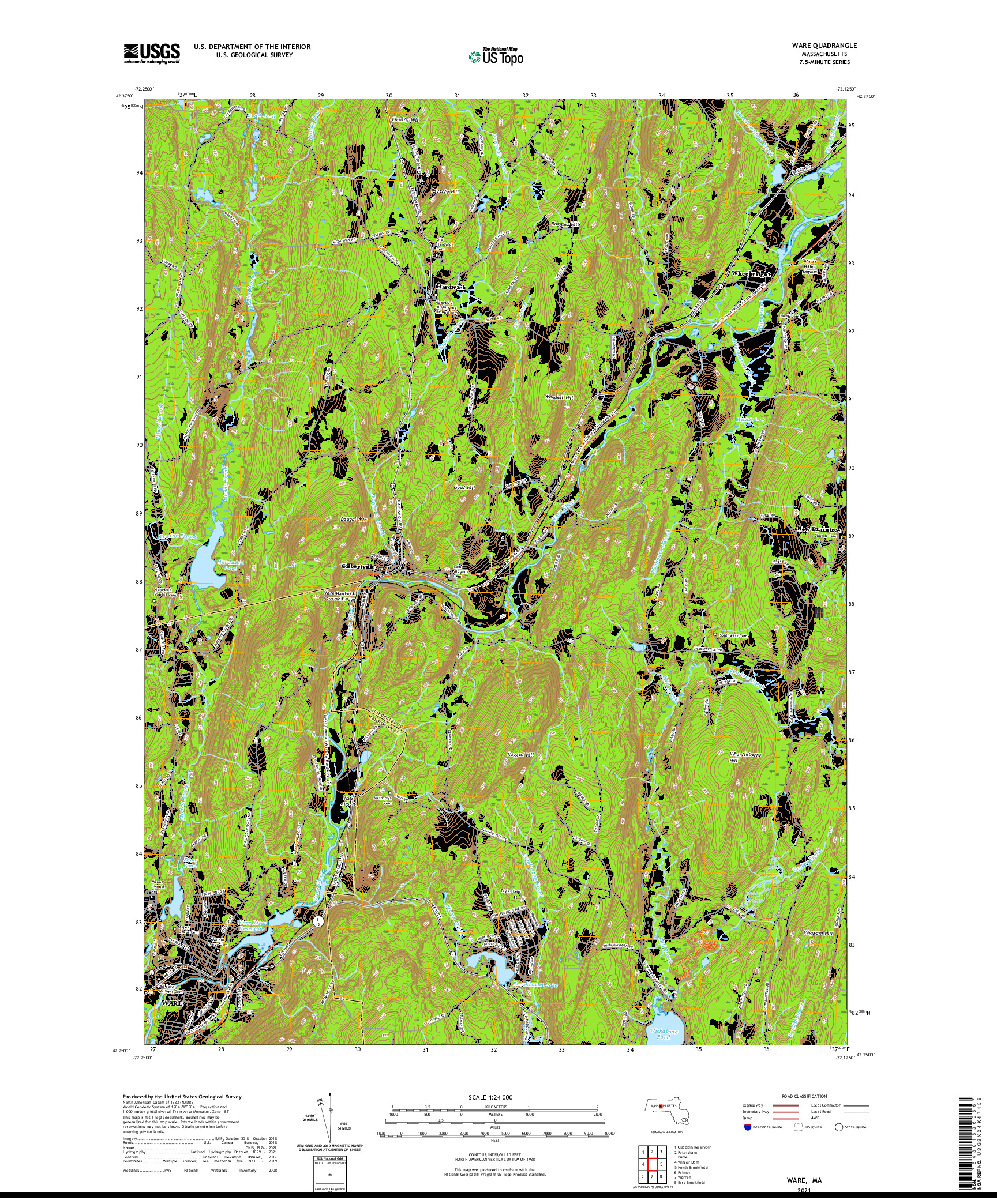 USGS US TOPO 7.5-MINUTE MAP FOR WARE, MA 2021