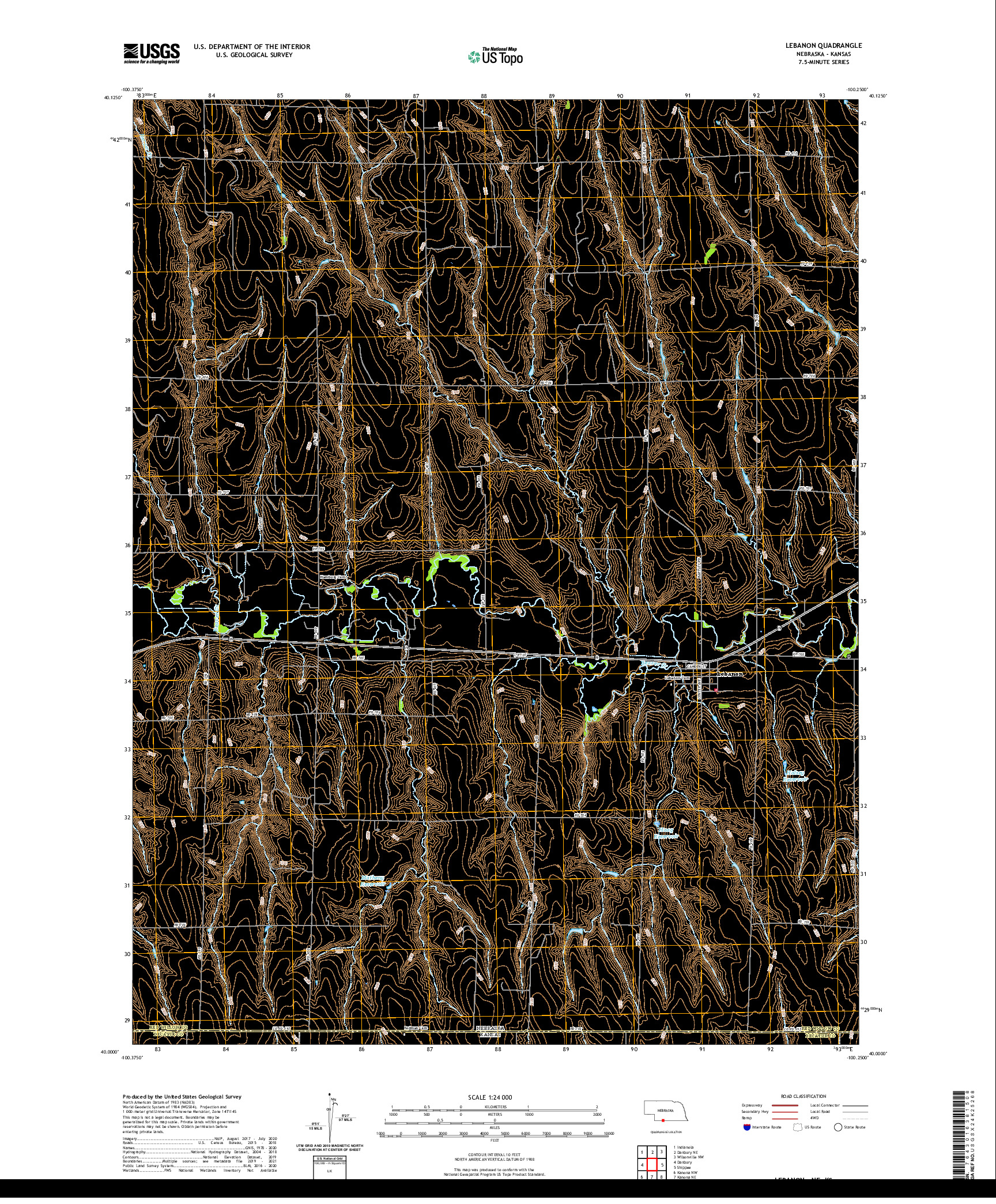 USGS US TOPO 7.5-MINUTE MAP FOR LEBANON, NE,KS 2021