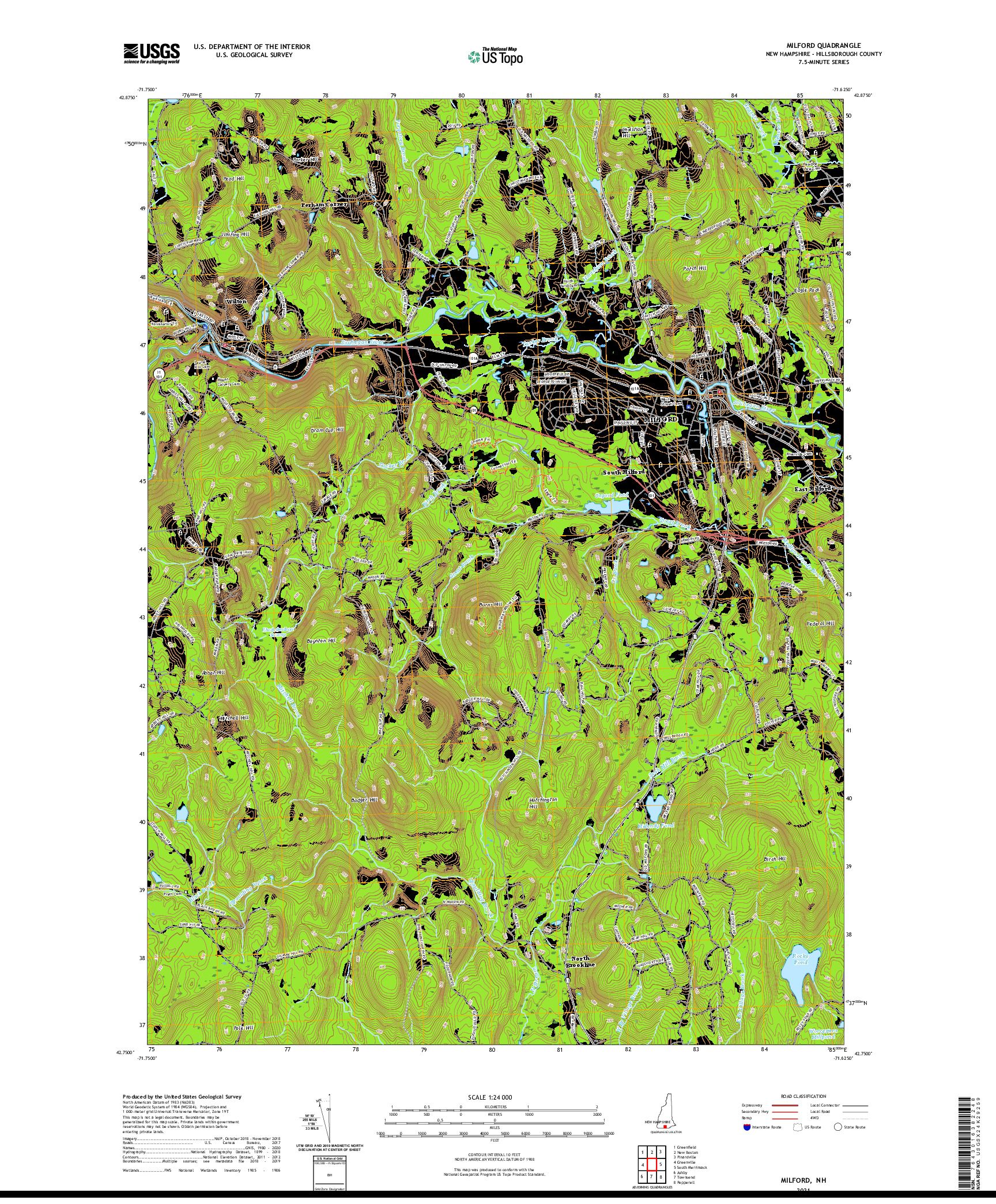 USGS US TOPO 7.5-MINUTE MAP FOR MILFORD, NH 2021