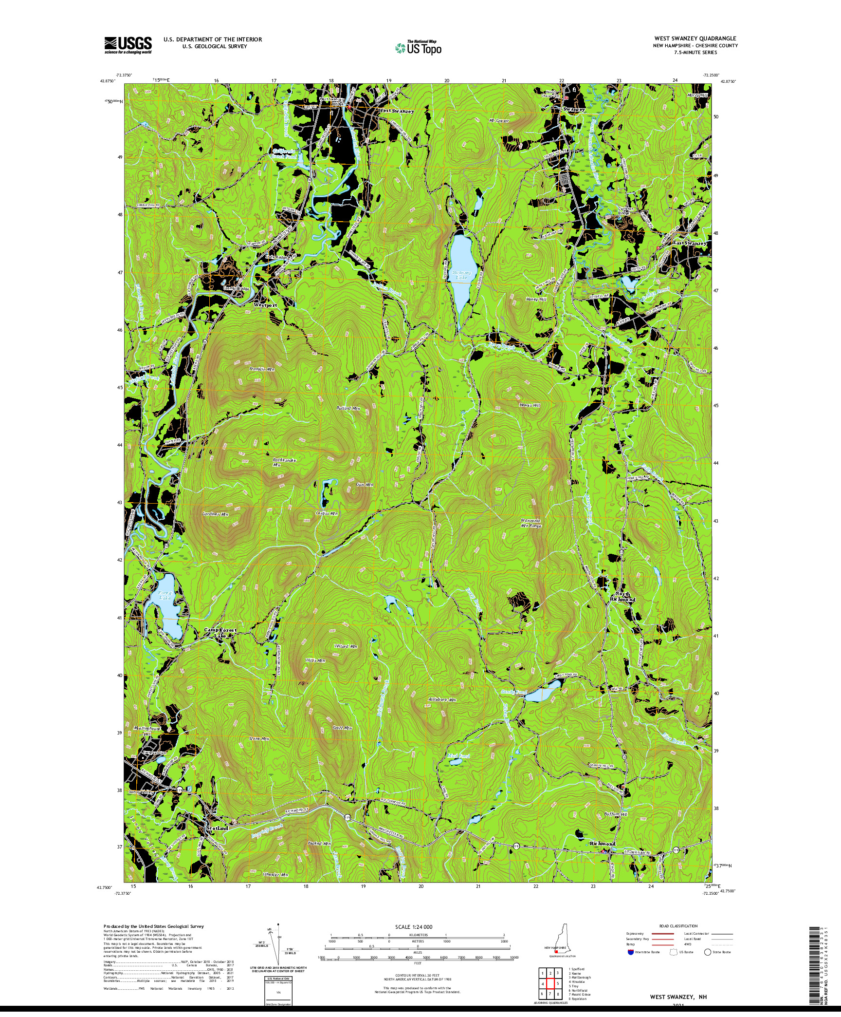 USGS US TOPO 7.5-MINUTE MAP FOR WEST SWANZEY, NH 2021