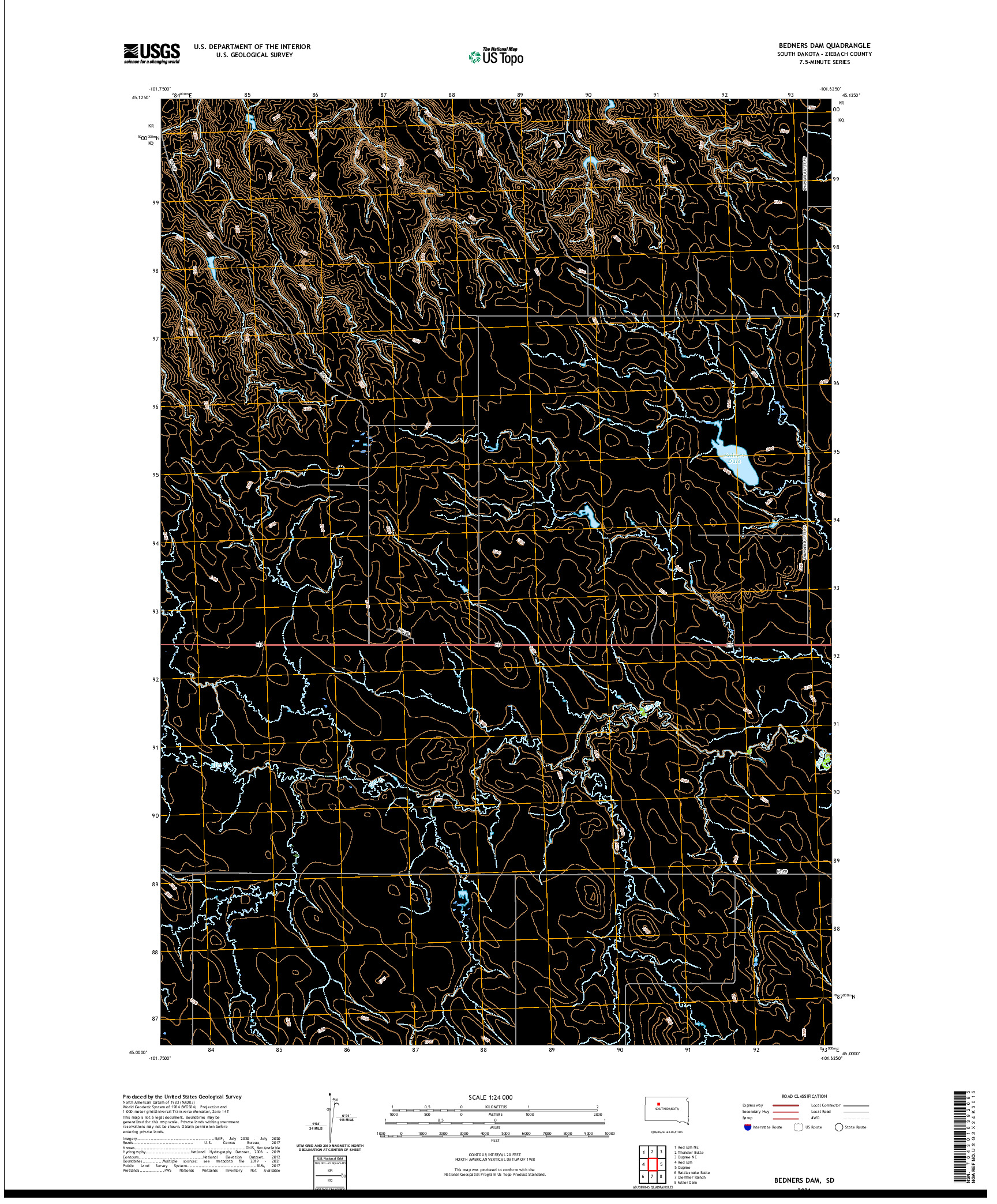 USGS US TOPO 7.5-MINUTE MAP FOR BEDNERS DAM, SD 2021