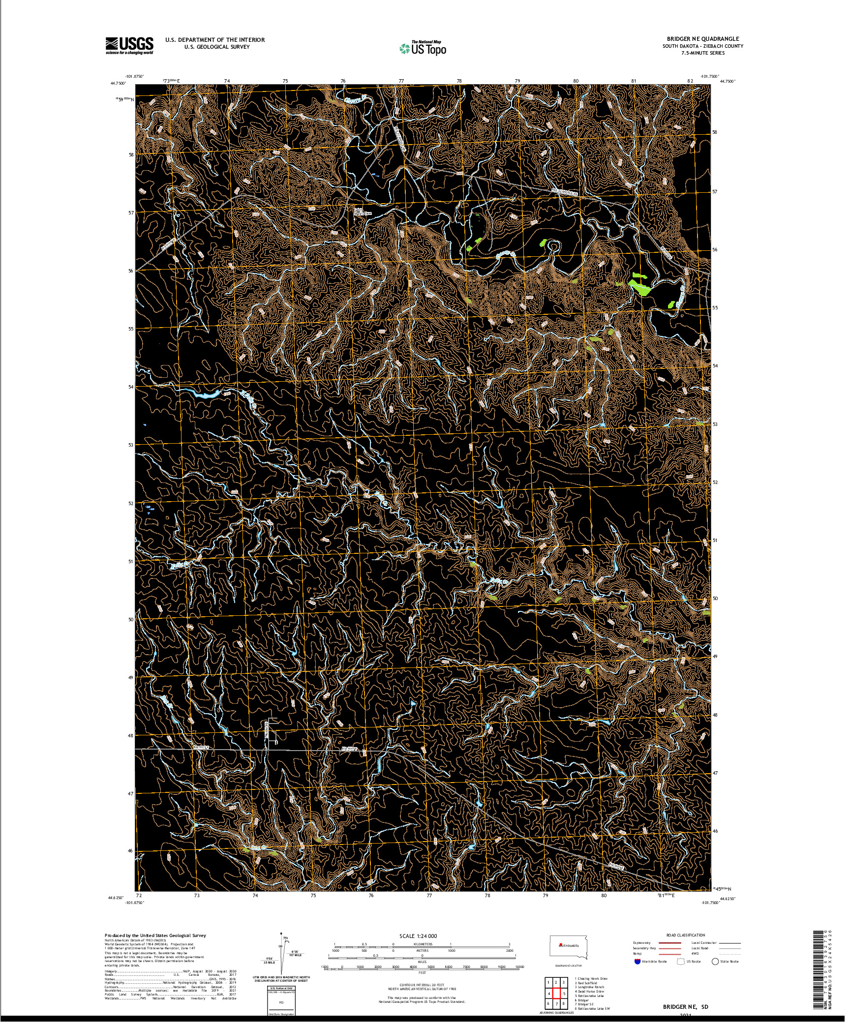 USGS US TOPO 7.5-MINUTE MAP FOR BRIDGER NE, SD 2021