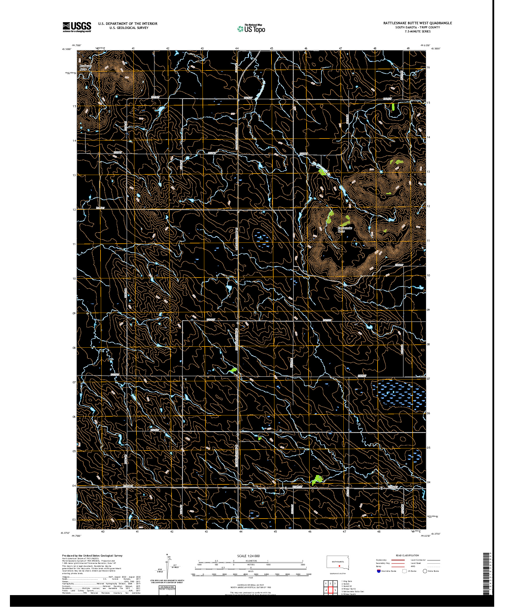 USGS US TOPO 7.5-MINUTE MAP FOR RATTLESNAKE BUTTE WEST, SD 2021