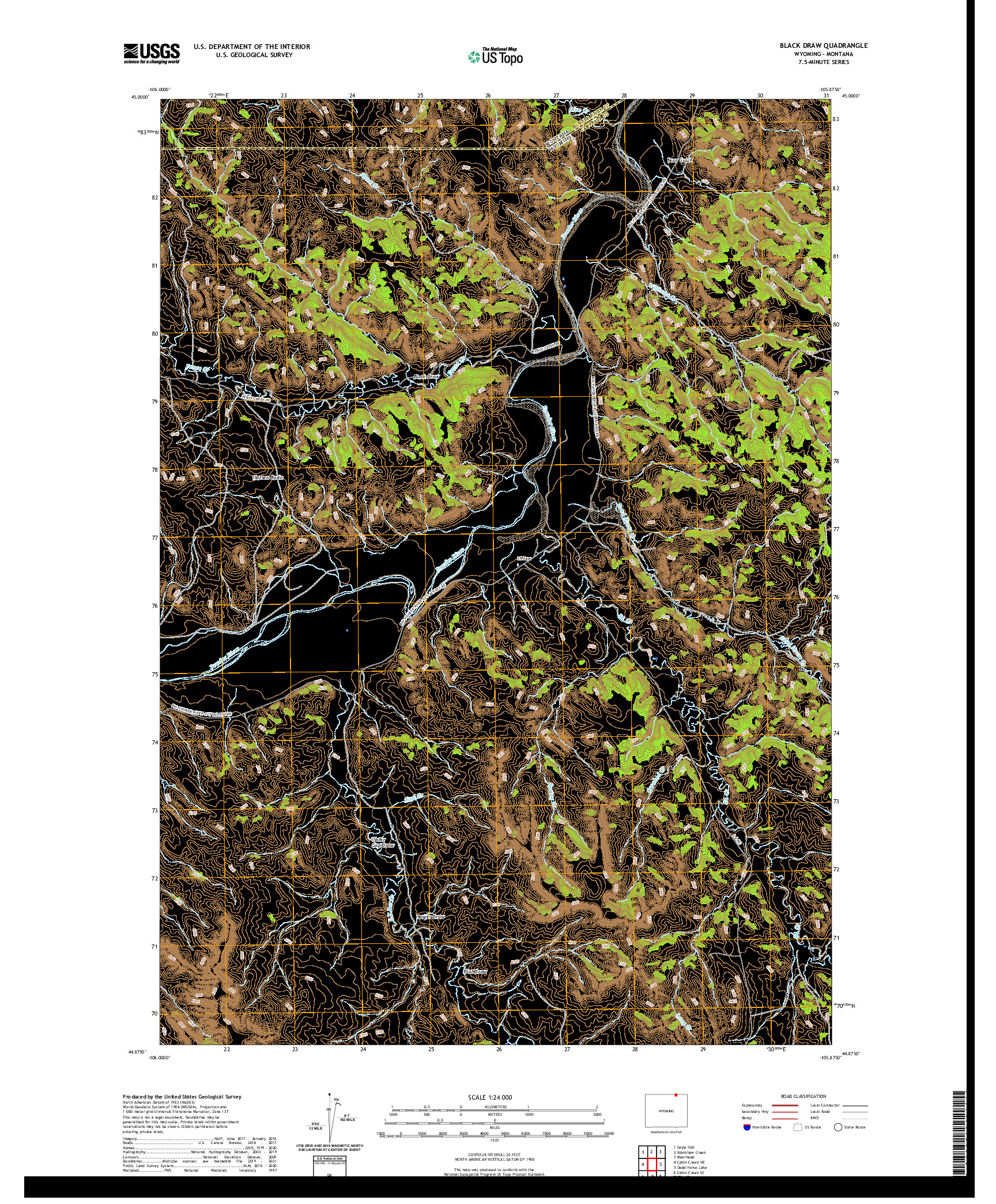 USGS US TOPO 7.5-MINUTE MAP FOR BLACK DRAW, WY,MT 2021