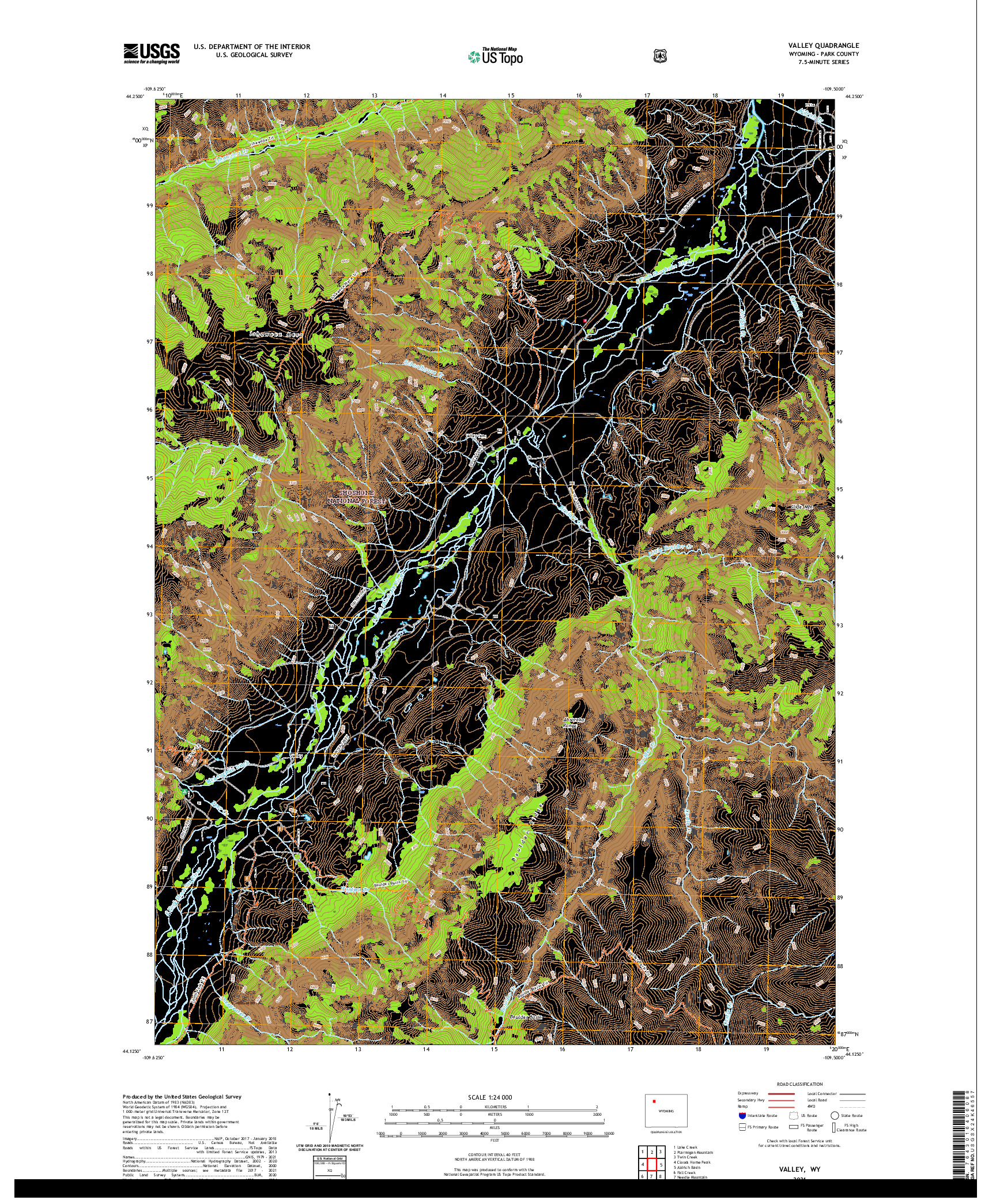 USGS US TOPO 7.5-MINUTE MAP FOR VALLEY, WY 2021