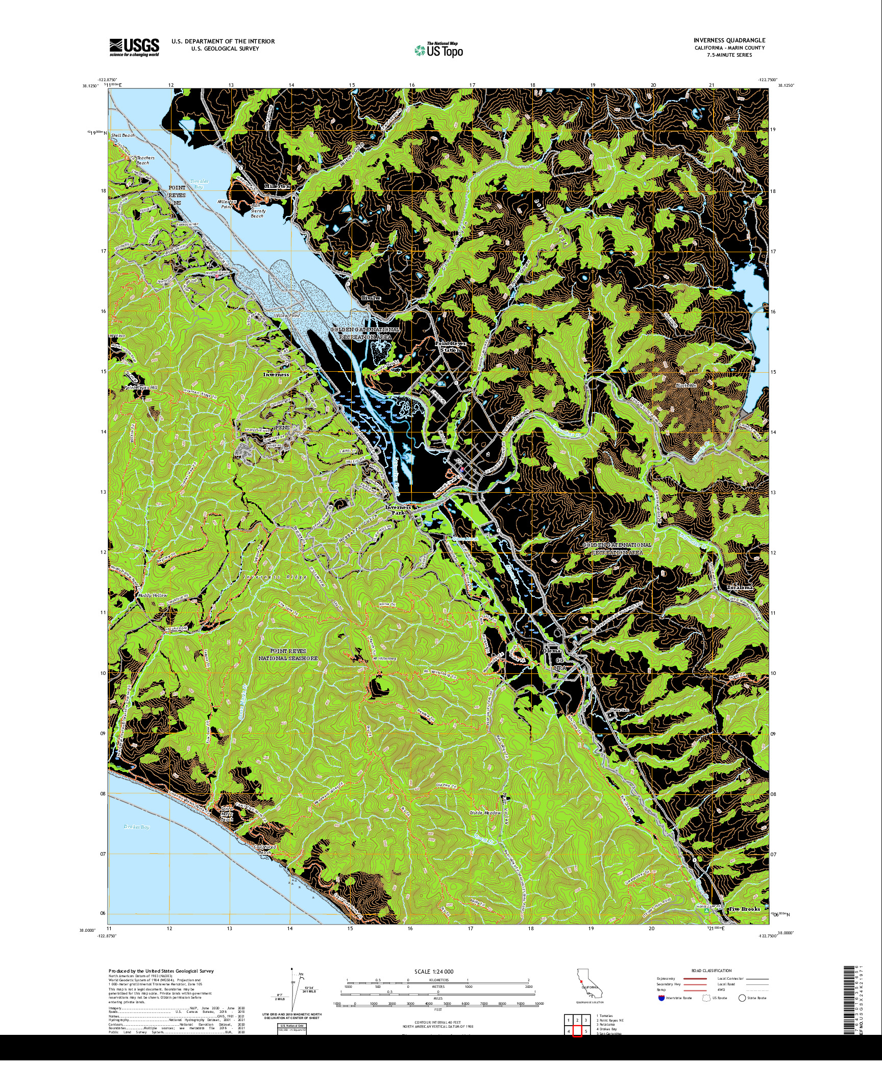 US TOPO 7.5-MINUTE MAP FOR INVERNESS, CA