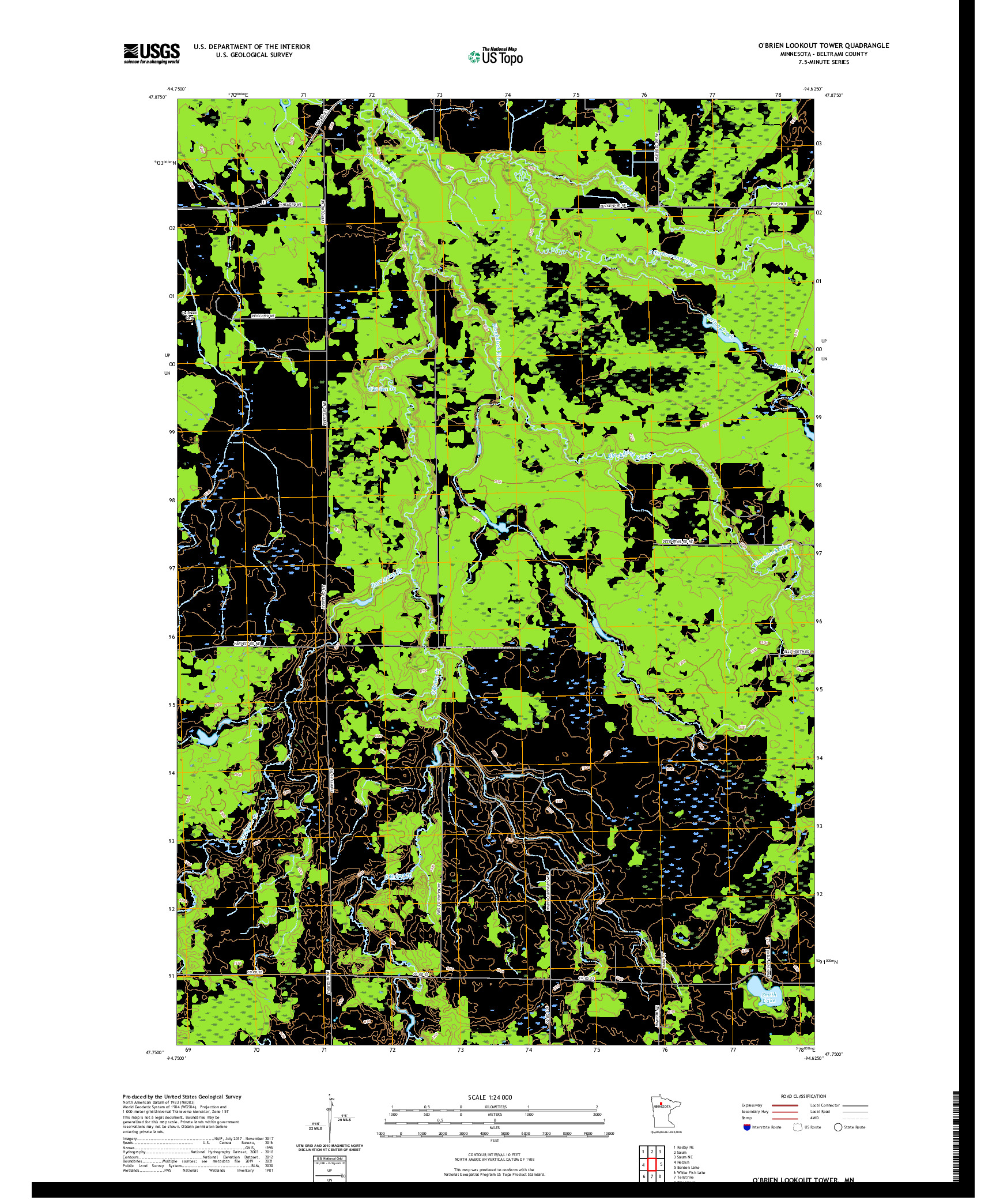 US TOPO 7.5-MINUTE MAP FOR O'BRIEN LOOKOUT TOWER, MN