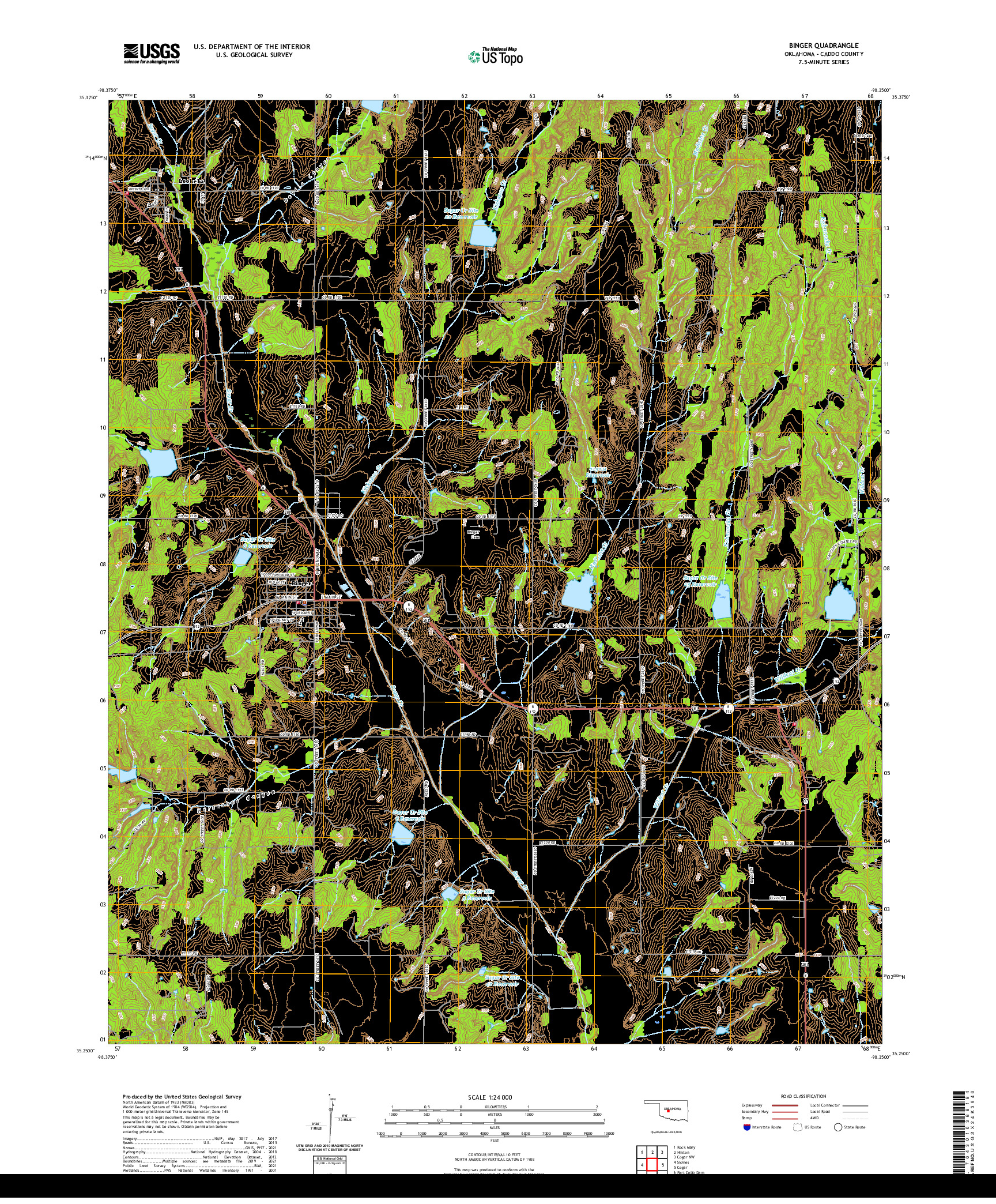 US TOPO 7.5-MINUTE MAP FOR BINGER, OK