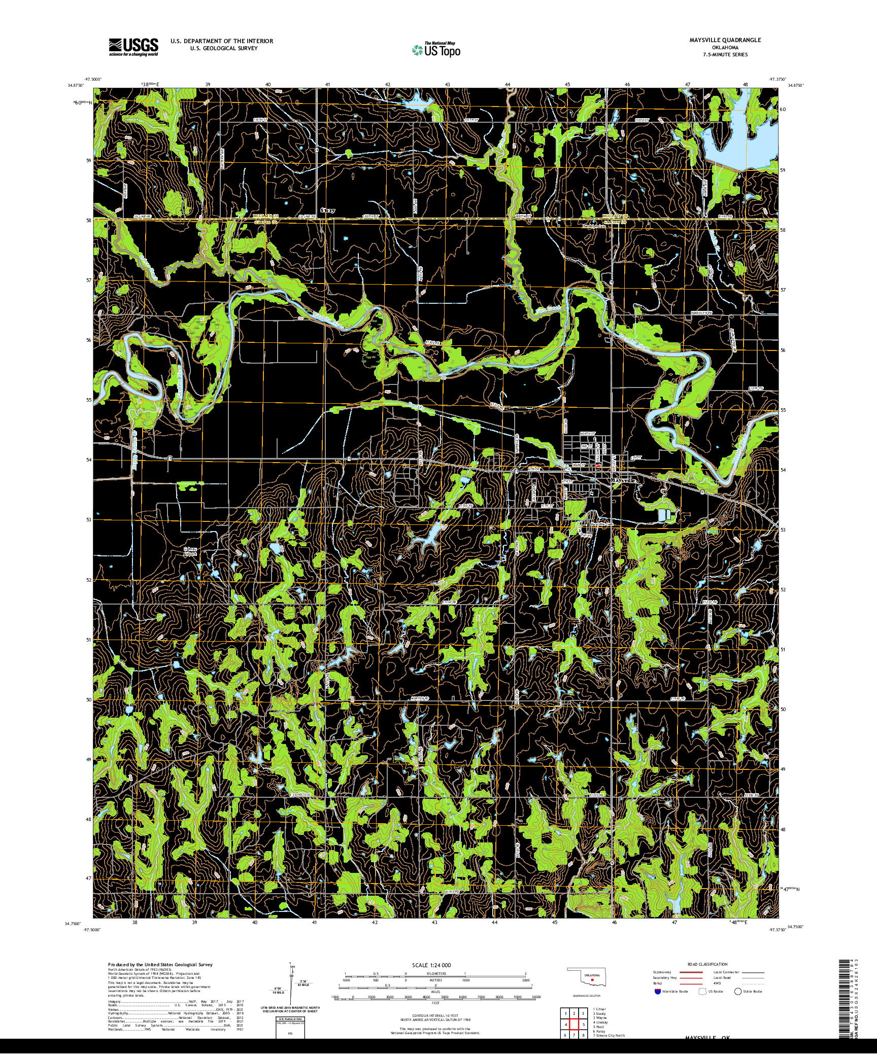 US TOPO 7.5-MINUTE MAP FOR MAYSVILLE, OK