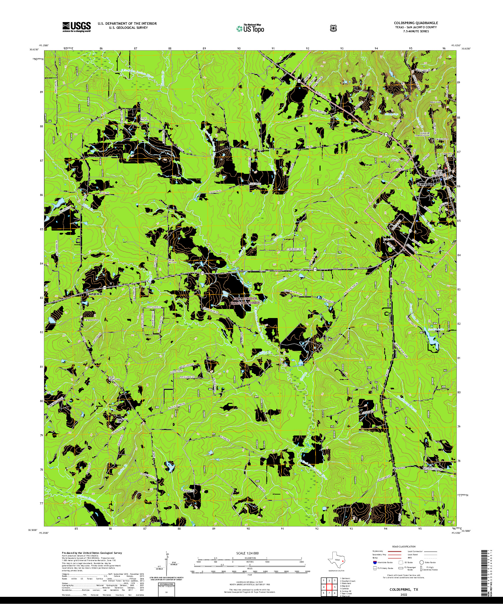 US TOPO 7.5-MINUTE MAP FOR COLDSPRING, TX