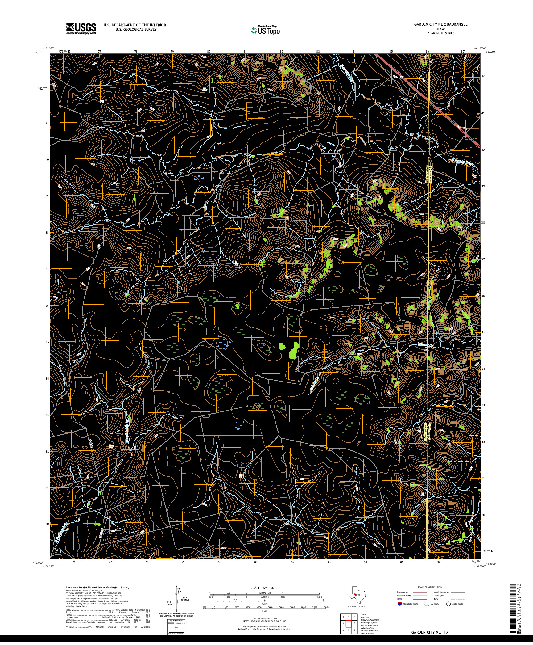 US TOPO 7.5-MINUTE MAP FOR GARDEN CITY NE, TX