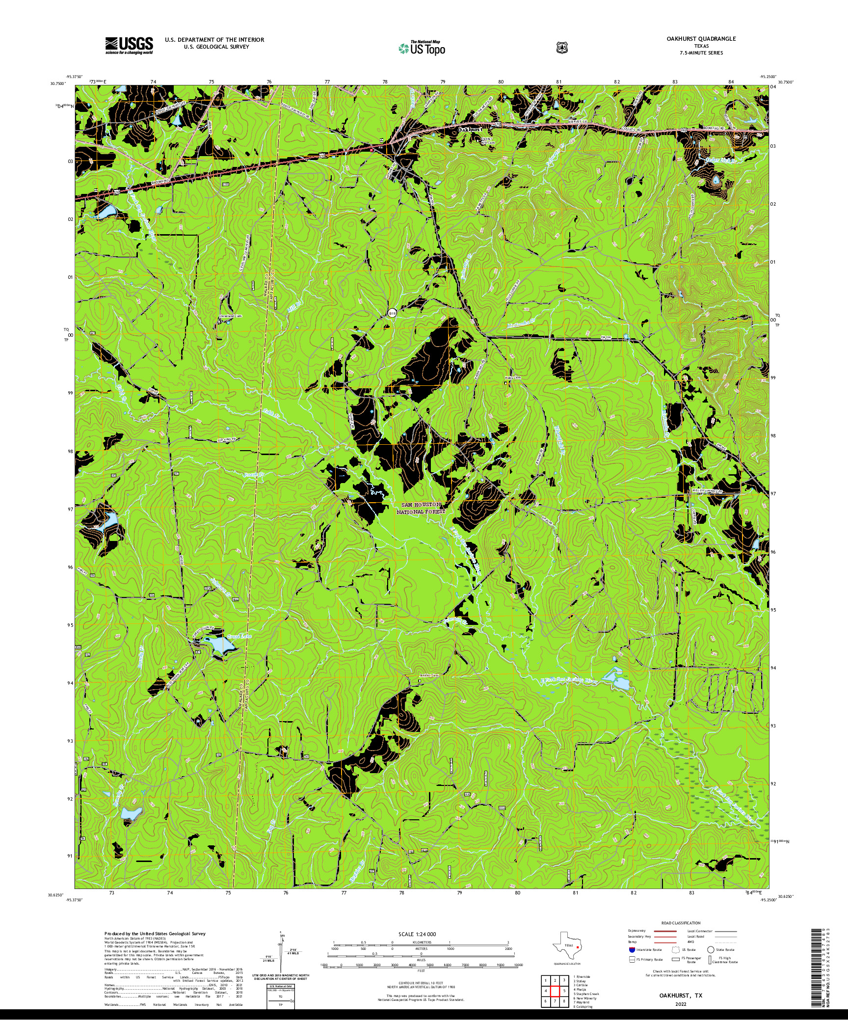 US TOPO 7.5-MINUTE MAP FOR OAKHURST, TX