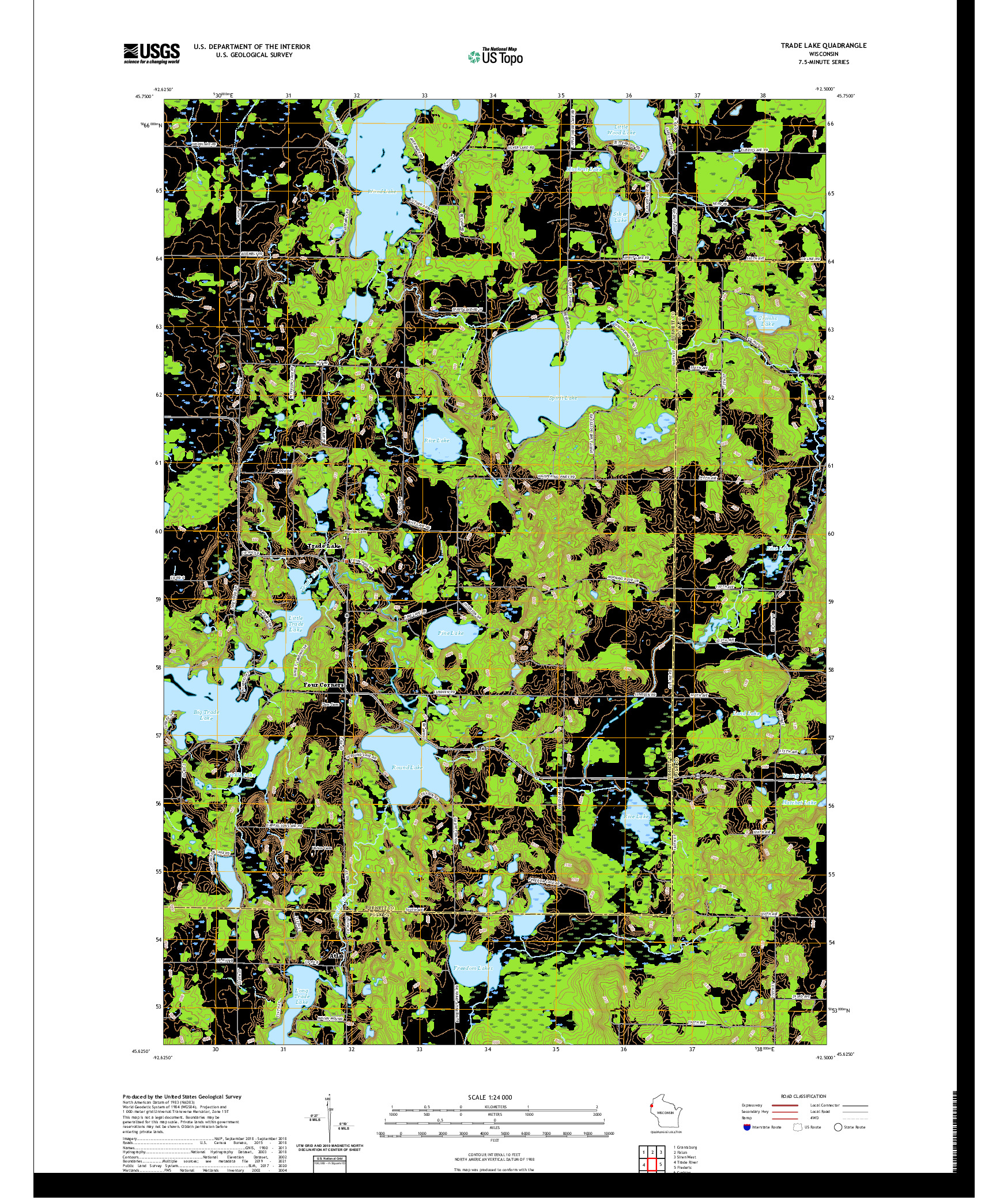 US TOPO 7.5-MINUTE MAP FOR TRADE LAKE, WI